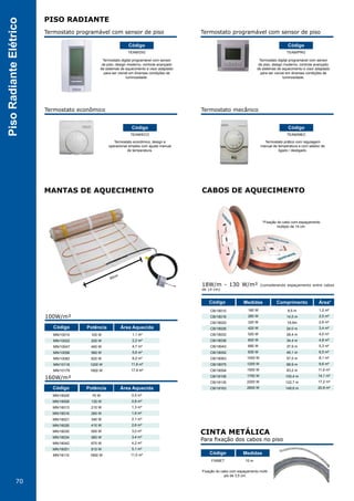 70
PisoRadianteElétrico
*Fixação do cabo com espaçamento
múltiplo de 14 cm.
18W/m - 130 W/m² (considerando espaçamento entre cabos
de 14 cm)
CABOS DE AQUECIMENTO
CB/18010
CB/18016
CB/18020
CB/18026
CB/18033
CB/18038
CB/18043
CB/18052
CB/18063
CB/18075
CB/18094
CB/18106
CB/18135
CB/18163
8,5 m
14,5 m
18,5m
24,0 m
28,4 m
34,4 m
37,9 m
46,1 m
57,5 m
68,9 m
83,2 m
100,4 m
122,7 m
149,6 m
160 W
260 W
320 W
420 W
520 W
600 W
680 W
830 W
1000 W
1200 W
1500 W
1700 W
2200 W
2600 W
1,2 m²
2,0 m²
2,6 m²
3,4 m²
4,0 m²
4,8 m²
5,3 m²
6,5 m²
8,1 m²
9,6 m²
11,6 m²
14,1 m²
17,2 m²
20,9 m²
Código Medidas Comprimento Área*
CINTA METÁLICA
Para fixação dos cabos no piso
10 mFIXMET
Fixação do cabo com espaçamento múlti-
plo de 3,5 cm.
Código Medidas
MANTAS DE AQUECIMENTO
50cm
100W/m²
MN/10010
MN/10022
MN/10047
MN/10056
MN/10082
MN/10118
MN/10179
105 W
220 W
460 W
560 W
820 W
1200 W
1800 W
1,1 m²
2,2 m²
4,7 m²
5,6 m²
8,2 m²
11,8 m²
17,9 m²
Código Potência Área Aquecida
160W/m²
MN/16005
MN/16008
MN/16013
MN/16016
MN/16021
MN/16026
MN/16030
MN/16034
MN/16042
MN/16051
MN/16110
70 W
130 W
210 W
260 W
340 W
410 W
500 W
560 W
670 W
810 W
1800 W
0,5 m²
0,8 m²
1,3 m²
1,6 m²
2,1 m²
2,6 m²
3,0 m²
3,4 m²
4,2 m²
5,1 m²
11,0 m²
Código Potência Área Aquecida
PISO RADIANTE
Termostato programável com sensor de piso Termostato programável com sensor de piso
Termostato digital programável com sensor
de piso, design moderno, controle avançado
de sistemas de aquecimento e visor adaptado
para ser visível em diversas condições de
luminosidade.
Termostato digital programável com sensor
de piso, design moderno, controle avançado
de sistemas de aquecimento e visor adaptado
para ser visível em diversas condições de
luminosidade.
Termostato prático com regulagem
manual de temperatura e com seletor de
ligado / desligado.
Termostato econômico, design e
operacional simples com ajuste manual
de temperatura.
TEAM/DIG TEAM/PRG
Código Código
Termostato econômico Termostato mecânico
TEAM/ECO TEAM/MEC
Código Código
 