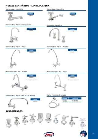 77
C40
Q18
Q37
ACABAMENTOS
C50
Q61
Q64
CSI
METAIS SANITÁRIOS - LINHA PLATINA
Torneira Bica Móvel para Lavatório
1195Q37
Código
Misturador Lavatório
1877Q37
Código
Misturador para Pia - Mesa
1256AQ37
Código
Com arejador articulável.Com arejador articulável.
Misturador para Pia - Parede
1258AQ37
Código
Torneira Bica Móvel Tubo "U" de Parede
1256UQ37
Código
JDHDQ37
JDHQ37
Código
com derivador
sem derivador
Descrição
Ducha Higiênica Cromada
Torneira Bica Móvel - Parede
1156Q37
Código
Torneira Bica Móvel - Mesa
1156MQ37
Código
CLA
C35
C23
1199Q37
Código
Torneira para Lavatório
1194Q37
Código
Torneira para Lavatório
 