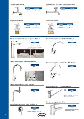 78
Pressão de utilização: de 2 à 40 mca.
Monocomando para Cozinha Bica Alta Móvel
MNCA
Código
Pressão de utilização: de 2 à 40 mca.
Mecanismo duplo estágio.
Monocomando para Cozinha Bica Móvel
MNC2
Código
Monocomando Áquila para Lavatório
2886LA
Código
Pressão de utilização: de 2 à 40 mca.
Monocomando para Lavatório Bica Alta Móvel
MNLA
Código
Pressão de utilização: de 2 à 40 mca.
Mecanismo duplo estágio.
MNL2
Monocomando para Lavatório
Código
Pressão de utilização: de 10 à 40 mca.
RMN19
Registro Monocomando para Chuveiro - ¾"
Código
1158AQ37
Código
com arejador
Descrição
Possui canopla ajustável
Torneira Longa para Pia - Comprimento 18cm
1153Q37
Código
com bico para mangueira
Descrição
Possui canopla ajustável
Torneira para Tanque
Registro de Gaveta
JVG3712
JVG3719
½"
¾"
Código Medidas
Registro de Pressão
JRP3712
JRP3734
½"
¾"
Código Medidas
Pressão de utilização: de 2 à 40 mca.
Prolongador já instalado na peça que
pode ser removido.
Monocomando para Cubas de Apoio ou Embutir
MCALA
Código
Monocomando para Cozinha Bica Móvel
Acionamento Duplo Estágio.
Pressão de utilização: de 2 à 40 mca.
MNCLA
Código
 