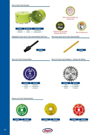 92
DCTS
DCTS7
DCTS9
turbo seco 4"
turbo seco 7"
turbo seco 9"
Código Medida
DCCA contínuo água 4"
Código Medida
DCA4 corte aço/ferro 4"
Código Medida
DCSS segmentado seco 4"
Código Medida
SCM
SCM724
SCM736
4" - 24 dentes
7" - 24 dentes
7" 36 dentes
Código Medida
NSCD102
NSCD127
102mm
127mm
para caixa 4x2"
para caixa 4x4"
Código DescriçãoMedida
NASCD NPSCD
Código Código
Serra Copo Diamantada
Adaptador para serra copo diamantada SDS Plus
Disco de Corte Diamantado
Discos de Corte Diamantados
Serra Circular para Madeira - Dentes de Widea
Pino Guia para serra copo diamantada
Uso Profissional
Sistema de Fixação
Rápida SDS Plus
Alta concentração de
Diamante
 