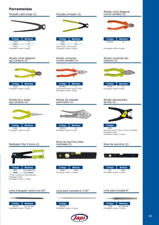 95
Ferramentas
Torquês cabo longo (I) Torquês armador (I)
Alicate corte diagonal
cromo-vanádio (I)
Embalagem coletiva: 6 peças
P1810
P1811
P1812
10”
11”
12”
Código Medidas
Dupla função: corte e torque.
Embalagem coletiva: 6 peças Embalagem coletiva: 6 peças
TA09
TA10
ALCDCV9”
10”
6”
Código CódigoMedidas Medidas
Alicate corte diagonal
aço carbono (I)
Alicate universal
cromo-vanádio (I)
Alicate universal aço
carbono (I)
Embalagem coletiva: 6 peças Embalagem coletiva: 6 peçasCabo emborrachado: suporta 1000v.
Embalagem coletiva: 6 peças
ALCD P0118P0118CV6” 8”8”
Código CódigoCódigoMedidas MedidasMedidas
Alicate bico longo
aço carbono (I)
Alicate de pressão
para tubos (I)
Alicate descascador
de fios (I)
Embalagem coletiva: 6 peças Descasca fios de 0,75mm a 2,5mm de diamêtro.
Embalagem blister.
Embalagem coletiva: 10 peças
Embalagem coletiva: 5 peças
ALBL ADFPALPR106” 10”
Código CódigoCódigoMedidas Medidas
Rebitador Pop 4 bicos (I)
Nível de alumínio base
imantada (I) Nível de alumínio (I)
* Possui mordente em aço temperado.
Embalagem blister.
Embalagem coletiva: 12 peças
Embalagem coletiva: 10 peças Embalagem coletiva: 10 peças
REB*
REB2
NIVBI NIV2,4 / 4,8mm Pro
2,4 / 4,8mm
30cm 45cm
Código Código CódigoMedidas Medida Medida
Lima triangular canto vivo 04” Lima para motoserra 7/32” Lima para enxada 8”
Embalagem coletiva: 12 peças
NLTC4 5,3 x 5,3 mm
Código Medidas
Embalagem coletiva: 12 peças Embalagem coletiva: 12 peças
NLM723 NLE8 18 x 2,65 mm
Código Código Medidas
 