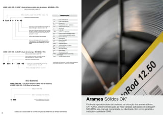 28 29
ASME / AWS SFA - 5.18 (M)* ( Aços de baixo e médio teor de carbono - MIG/MAG e TIG )
ASME / AWS SFA - 5.28 (M)* ( Aços de baixa liga - MIG/MAG e TIG )
ASME / AWS SFA - 5.17 (Aços de Baixo e Médio Teor de Carbono)
e ASME / AWS SFA - 5.23 (Aços de Baixa Liga)
Arco Submerso
Indica um arame sólido ou vareta TIG.
Indica a resistência a tração mínima em KSI do metal de solda
Indica que o consumível é sólido.
Indica que o consumível atende os requisitos do
teste de hidrogênio difusível (Z=4,8 ou 16)
Este sufixo é utilizado somente quando os limites
de fósforo, vanádio e cobre tenham sido alterado
e indica que o metal de solda é adequado para
aplicações nucleares.
Indica o gás de proteção recomendado
Indica um arame sólido ou vareta TIG
Indica resistência a tração mínima do metal de
solda depositado em 1.000 psi ou Mpa
Indica que o consumível é sólido
Indica que o consumível atende aos testes de
hidrogênio difusível (Z = 4,8 ou 16)
Indica a composição química do consumível
Indica um arame sólido
Indica a composição química do arame.
* Classificação ASME / AWS que utiliza o sistema
internacional de unidades como referência.
Indica a composição química do consumível.
O uso do sufixo “GS” significará que o arame é
indicado apenas para soldagem em um único
passe.
E
ER
E XXX
S
XXX
XXX HZXXX-
HZS X Y N
CONSULTE A ESAB SOBRE AS OUTRAS OPÇÕES DE DIÂMETROS DE ARAME DISPONÍVEIS
Composição do Consumível = valores médios estatísticos
Propriedades Mecânicas = Valores típicos/ASME
ABREVIAÇÕES
L.R................Limite de Resistência
L.E................Limite de Escoamento
A...................Alongamento
Ch V..............Charpy (entalhe em V - resiliência)
≥ xV............. Tensão mínima em vazio
h.................. Rendimento
1 J................ 0,102 kgfm
1 MPa.......... 1 N/mm2
= 0,102 kg/mm2
CC+............. Corrente contínua polaridade positiva
CC-.............. Corrente contínua polaridade negativa
CA................ Corrente alternada
HB............... Dureza Brinell
HRc.............. Dureza Rockwell C
HV................ Dureza Vickers
TTPS............ Tratamento térmico
ABS............. American Bureau of Shipping
BV................ Bureau Veritas
DNV............. Det Norske Veritas
LR................ Lloyds Register
GL................ Germanischer Lloyds
FBTS............ Fundação Brasileira de Tecnologia
da Soldagem
CWB............ Canadian Welding Bureau
Arames Sólidos OK®
Eficiência e produtividade são certezas na utilização dos arames sólidos
OK®
Autrod. Desenvolvidos para as mais variadas aplicações de soldagem
MIG/MAG, seja manual, mecanizada ou robotizada, têm como garantia a
tradição e qualidade ESAB.
 