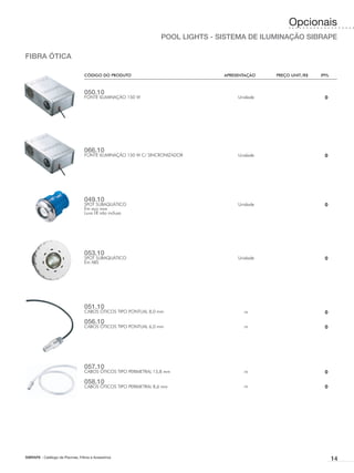 Opcionais
                                                                   POOL LIGHTS - SISTEMA DE ILUMINAÇÃO SIBRAPE

FIBRA ÓTICA

                                   CÓDIGO DO PRODUTO	                             APRESENTAÇÃO	   PREÇO UNIT./R$	   IPI%



                                   050.10
                                   FONTE ILUMINAÇÃO 150 W                              Unidade                        0




                                   066.10
                                   FONTE ILUMINAÇÃO 150 W C/ SINCRONIZADOR             Unidade                        0




                                   049.10
                                   SPOT SUBAQUÁTICO                                    Unidade                        0
                                   Em aço inox
                                   Luva LR não inclusa




                                   053.10
                                   SPOT SUBAQUÁTICO                                    Unidade                        0
                                   Em ABS




                                   051.10
                                   CABOS ÓTICOS TIPO PONTUAL 8,0 mm                       m                           0

                                   056.10
                                   CABOS ÓTICOS TIPO PONTUAL 6,0 mm                       m                           0




                                   057.10
                                   CABOS ÓTICOS TIPO PERIMETRAL 15,8 mm                   m                           0

                                   058.10
                                   CABOS ÓTICOS TIPO PERIMETRAL 8,6 mm                    m                           0




SIBRAPE - Catálogo de Piscinas, Filtros e Acessórios
                                                                                                                           14
 