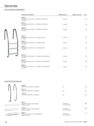 Opcionais
ESCADAS/CORRIMÃO

             CÓDIGO DO PRODUTO	                           APRESENTAÇÃO	                 PREÇO UNIT./R$	            IPI%

             020.5
             ESCADA DE AÇO INOX C/ 2 DEGRAUS PLÁSTICOS          Unidade                                               5
             Completa

             021.5
             ESCADA DE AÇO INOX C/ 3 DEGRAUS PLÁSTICOS          Unidade                                               5
             Completa

             022.5
             ESCADA EM AÇO INOX C/ 4 DEGRAUS PLÁSTICOS          Unidade                                               5
             Completa




             393.5                                              Unidade
             ESCADA EM AÇO INOX C/ 2 DEGRAUS INOX                                                                     5
             Completa

             382.5
             ESCADA EM AÇO INOX C/ 3 DEGRAUS INOX               Unidade                                               5
             Completa

             390.5
             ESCADA EM AÇO INOX C/ 4 DEGRAUS INOX               Unidade                                               5
             Completa




             027.5
             ESCADA EM AÇO INOX C/ 2 DEGRAUS ANATÔMICOS         Unidade                                               5
             Completa

             024.5
             ESCADA EM AÇO INOX C/ 3 DEGRAUS ANATÔMICOS         Unidade                                               5
             Completa

             025.5
             ESCADA EM AÇO INOX C/ 4 DEGRAUS ANATÔMICOS         Unidade                                               5
             Completa




HASTES/DEGRAUS

             398.6
             HASTE EM INOX PARA 2 DEGRAUS                       Par                                                  5

             261.6
             HASTE EM INOX PARA 3 DEGRAUS                       Par                                                  5

             135.6
             HASTE EM INOX PARA 4 DEGRAUS                       Par                                                  5




             441.7                                                                                                  15
             DEGRAU PLÁSTICO ANATÔMICO                          Embalagem
             Padrão universal                                   com 8 unidades

             111.7                                              Embalagem                                           15
             DEGRAU PLÁSTICO TRADICIONAL
             Padrão universal                                   com 8 unidades

             364.7                                              Embalagem                                             5
             DEGRAU EM INOX C/ ANTIDERRAPANTE
             Padrão universal                                   com 8 unidades




15                                                                    Catálogo de Piscinas, Filtros e Acessórios - SIBRAPE
 