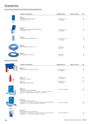 Acessórios
ADAPTADORES/PONTEIRA/MANGUEIRAS

             CÓDIGO DO PRODUTO	                                                         APRESENTAÇÃO	              PREÇO UNIT./R$	            IPI%


             001.4
             ADAPTADOR DE MANGUEIRA                                                       Embalagem com                                         0
             Luva Plástica 1.1/2”                                                         12 unidades




             003.4
             ADAPTADOR DE MANGUEIRA GIRATÓRIO                                             Embalagem com                                         0
             Luva Plástica 1.1/2”                                                         12 unidades




             011.4
             PONTEIRA PARA MANGUEIRA 1.1/2”                                               Embalagem com                                         0
                                                                                          15 unidades




             004.4
             MANGUEIRA FLUTUANTE 1.1/2”                                                   Embalagem                                             0
                                                                                          com 50 m



             005.4                                                                        Embalagem
             MANGUEIRA FLUTUANTE 2”                                                                                                             0
                                                                                          com 50 m



MANUTENÇÃO

             CÓDIGO DO PRODUTO	                                                         APRESENTAÇÃO	              PREÇO UNIT./R$	            IPI%


             065.11
             ESTOJO PARA TESTE DE pH/CLORO                                                Embalagem com                                         0
                                                                                          10 unidades




                                                                                          Embalagem com
             066.11                                                                        20 unidades
                                                                                                                                                0
             SOLUÇÃO 1 PARA pH
                                                                                          Embalagem com                                         0
             067.11                                                                       20 unidades
             SOLUÇÃO 2 PARA CLORO




             069.11                                                                       1kit por Embalagem                                    0
             KIT MANUTENÇÃO STANDARD
             2 ponteiras, 1 adaptador 1.1/2” giratório’, 1 peneira cata-folhas
             plástica, 1 esfregão de nylon de 35 cm e 1 aspirador




             072.11
             KIT MANUTENÇÃO BIG POOL
             1 adaptador 1.1/2” giratório, 1 aspirador de fundo c/ escova de nylon, 1     1kit por embalagem                                    0
             esfregão 45 cm, 1 peneira pá special e 2 ponteiras




             070.11
             KIT MANUTENÇÃO ECONÔMICO
             1 adaptador 1.1/2” giratório, 1 aspirador de fundo c/ escova de nylon, 1     1kit por embalagem
                                                                                                                                                0
             esfregão 45 cm, 1 peneira pá special e 2 ponteiras




23                                                                                                  Catálogo de Piscinas, Filtros e Acessórios - SIBRAPE
 
