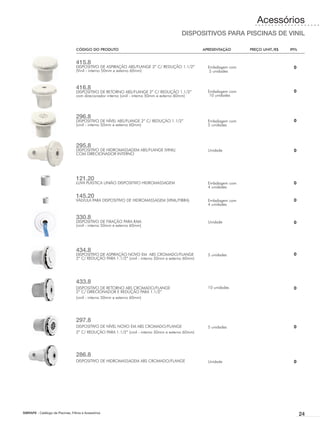 Acessórios
                                                                                           DISPOSITIVOS PARA PISCINAS DE VINIL

                                   CÓDIGO DO PRODUTO	                                                APRESENTAÇÃO	     PREÇO UNIT./R$	   IPI%


                                   415.8
                                   DISPOSITIVO DE ASPIRAÇÃO ABS/FLANGE 2” C/ REDUÇÃO 1.1/2”            Embalagem com                       0
                                   (Vinil - interno 50mm e externo 60mm)                                5 unidades



                                   416.8
                                   DISPOSITIVO DE RETORNO ABS/FLANGE 2” C/ REDUÇÃO 1.1/2”              Embalagem com                       0
                                   com direcionador interno (vinil - interno 50mm e externo 60mm)       10 unidades




                                   296.8
                                   DISPOSITIVO DE NÍVEL ABS/FLANGE 2” C/ REDUÇÃO 1.1/2”                Embalagem com                       0
                                   (vinil - interno 50mm e externo 60mm)                               5 unidades




                                   295.8
                                   DISPOSITIVO DE HIDROMASSAGEM ABS/FLANGE (VINIL)                     Unidade                             0
                                   COM DIRECIONADOR INTERNO




                                   121.20
                                   LUVA PLÁSTICA UNIÃO DISPOSITIVO HIDROMASSAGEM                       Embalagem com                       0
                                                                                                       4 unidades

                                   145.20
                                   VÁLVULA PARA DISPOSITIVO DE HIDROMASSAGEM (VINIL/FIBRA)             Embalagem com                       0
                                                                                                       4 unidades


                                   330.8
                                   DISPOSITIVO DE FIXAÇÃO PARA RAIA                                    Unidade                             0
                                   (vinil - interno 50mm e externo 60mm)




                                   434.8
                                   DISPOSITIVO DE ASPIRAÇÃO NOVO EM ABS CROMADO/FLANGE                 5 unidades                          0
                                   2” C/ REDUÇÃO PARA 1.1/2” (vinil - interno 50mm e externo 60mm)




                                   433.8
                                   DISPOSITIVO DE RETORNO ABS CROMADO/FLANGE                           10 unidades                         0
                                   2” C/ DIRECIONADOR E REDUÇÃO PARA 1.1/2”
                                   (vinil - interno 50mm e externo 60mm)




                                   297.8
                                   DISPOSITIVO DE NÍVEL NOVO EM ABS CROMADO/FLANGE                     5 unidades                          0
                                   2” C/ REDUÇÃO PARA 1.1/2” (vinil - interno 50mm e externo 60mm)




                                   286.8
                                   DISPOSITIVO DE HIDROMASSAGEM ABS CROMADO/FLANGE                     Unidade                             0




SIBRAPE - Catálogo de Piscinas, Filtros e Acessórios
                                                                                                                                                24
 