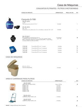 Casa de Máquinas
                                                                        CONJUNTOS FILTRANTES - FILTROS E MOTOBOMBAS

                                        CÓDIGO DO PRODUTO	                                                     APRESENTAÇÃO	   PREÇO UNIT./R$	   IPI%
                              	
                              	
                              	         Conjunto S-70B
                              	            03-01-070
                              		 S-70B
                              	  Filtro para piscinas de até 144 m³                                              Unidade        	 1.761,90	          -
                              	
                              	            01-01-015
                              		 BAP 150
                              	  Motobomba com potência de 1,5 cv monofásica, vazão de 18,1 m³/h                 Unidade        	 1.116,81	          -




                                           55-12-017
                                           KIT CONEXÃO DA VÁLVULA DE 50 mm                                      Embalagem              7,67          8
                                           1 adaptador entre rosca de 50 mm, 1 porca de conexões orbitais        com 1 kit
                                           BPFS, 1 adaptador de 50 mm conexões orbitais BPFS, 1 anel O’Ring
                                           conexões orbitais (2-228) da válvula.




                              	            119.32           	 Control Box ECP com 1 contator                       Unidade            728,31      5
                              	            120.32           	 Control Box ECP com 2 contatores                    Unidade             834,38      5

                              	            121.32           	 Control Box ECP com 3 contatores                     Unidade            940,45      5
                              	            122.32           	 Control Box ECP com 4 contatores                     Unidade          1.046,52      5



CASA DE MÁQUINAS




                                           03-01-015
                                           CASA DE MÁQUINAS                                                      Unidade       sob consulta
                                                                                                                                                     -




AREIA E CARRINHOS PARA FILTROS
                                        CÓDIGO DO PRODUTO	                                                    APRESENTAÇÃO	    PREÇO UNIT./R$	   IPI%

                                              33-01-021
                                  	        AREIA 060/150 PARA FILTRO                                          Saco c/ 25 kg          24,01           0
                                  	        Modelo S-20                                                           01 saco
                                  	        Modelo S-30                                                           01 saco
                                  	        Modelo S-40                                                          02 sacos
                                  	        Modelo S-50                                                          04 sacos
                                  	        Modelo S-60                                                          06 sacos
                                  	        Modelo S-70A                                                         09 sacos
                                  	        Modelo S-70B                                                         09 sacos



                                              03-01-011
                                  	        CARRINHO PARA FILTRO S-30                                            Unidade             375,10           0

                                              03-01-012
                                  	        CARRINHO PARA FILTRO S-40                                            Unidade             375,10           0



SIBRAPE - Catálogo de Piscinas, Filtros e Acessórios
                                                                                                                                                 3
 