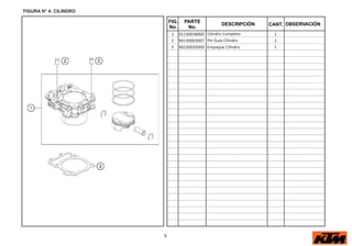 5
FIG.
No.
PARTE
No.
DESCRIPCIÓN OBSERVACIÓN
CANT.
FIGURA N° 4: CILINDRO
1 91230038000 Cilindro Completo 1
2 90130003007 Pin Guía Cilindro 2
3 90230035000 Empaque Cilindro 1
 