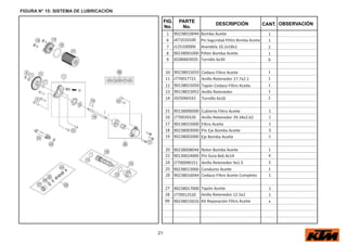 21
FIG.
No.
PARTE
No.
DESCRIPCIÓN OBSERVACIÓN
CANT.
FIGURA N° 15: SISTEMA DE LUBRICACIÓN
1 90238010044 Bomba Aceite 1
6 J471010100 Pin Seguridad Piñón Bomba Aceite 1
7 J125100006 Arandela 10.2x18x1 2
8 90238001000 Piñón Bomba Aceite 1
9 J028060303S Tornillo 6x30 6
10 90238015033 Cedazo Filtro Aceite 1
11 J770017721 Anillo Retenedor 17.7x2.1 1
12 90138015050 Tapón Cedazo Filtro Aceite 1
13 90138015052 Anillo Retenedor 1
14 J025060161 Tornillo 6x16 2
15 90138006000 Cubierta Filtro Aceite 1
16 J770039326 Anillo Retenedor 39.34x2.62 1
17 90138015000 Filtro Aceite 1
18 90238003000 Pin Eje Bomba Aceite 3
19 90238002000 Eje Bomba Aceite 1
20 90238008044 Rotor Bomba Aceite 1
22 90130024000 Pin Guía 8x6.4x14 4
24 J7700090151 Anillo Retenedor 9x1.5 3
25 90238013000 Conducto Aceite 1
26 90238016044 Cedazo Filtro Aceite Completo 1
27 90238017000 Tapón Aceite 1
28 J770012520 Anillo Retenedor 12.5x2 1
99 90238015010 Kit Reparación Filtro Aceite x
 