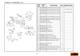 30
FIG.
No.
PARTE
No.
DESCRIPCIÓN OBSERVACIÓN
CANT.
FIGURA N° 21: CHASIS PARTE 1 (1/2)
2 95703039000 Soporte Reposapiés Del. Derecho 1
2 95703039000C1 Soporte Reposapiés Del. Derecho 1
3 95703038000 Soporte Reposapiés Del. Izquierdo 1
95703038000C1 Soporte Reposapiés Del. Izquierdo 1
Desde Año 2022
Desde Año 2022
4 95803139050 Protector Reposapiés Del. Derecho 1
5 95803138040 Protector Reposapiés Del. Izquierdo 1
6 95803041133 Reposapiés Delantero Derecho 1
7 95803040050 Reposapiés Delantero Izquierdo 1
8 J920000804700 Pin 8x47 2
9 J125080005 Arandela 8mm. 2
10 J094020186 Pin 2.5x18 2
11 90103038002 Tuerca 10 mm. 1
12 95803038010 Buje 2
13 95804070000 Guía Cadena 1
15 93008020060 Tornillo 6x1x9 8
16 J025080246 Tornillo 8x23.5 1
17 95803001072 Soporte Sillín Derecho 1
18 95803001071 Soporte Sillín Izquierdo 1
19 95803001081 Pla a Soporte Sillín Delantero 1
20 95803001082 Pla a Soporte Sillín Trasero 1
21 J025060122 Tornillo 6x12 4
22 95803001088 Buje 4
23 95803040010 Caucho Reposapie Del. Derecho 1
24 95803041010 Caucho Reposapie Del. Izquierdo 1
25 95803044010 Pla a Soporte Reposapie 2
 