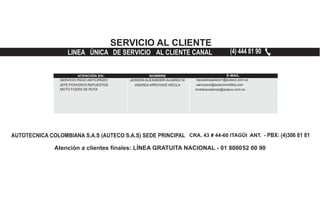 CRA. 43 # 44-60 ITAGÜI ANT.
SERVICIO AL CLIENTE
LINEA ÚNICA DE SERVICIO AL CLIENTE CANAL (4) 444 81 90
SERVICIO PAGO ANTICIPADO JEISSON ALEXANDER ALVAREZ M.
JEFE POSVENTA REPUESTOS
MOTO FUERA DE RUTA
repuestosauteco1@auteco.com.co
aarroyave@autecomobility.com
motofueraderuta@auteco.com.co
ANDREA ARROYAVE ARCILA
 