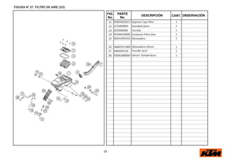39
FIG.
No.
PARTE
No.
DESCRIPCIÓN OBSERVACIÓN
CANT.
FIGURA N° 27: FILTRO DE AIRE (2/2)
21 95803002021 Soporte Caja Filtro 1
22 J125060004 Arandela 6mm. 1
23 J025060082 Tornillo 1
24 93206026000 Conducto Filtro Aire 1
25 90241002010 Abrazadera 1
26 90607017000 Abrazadera 16mm. 1
27 J005050126 Tornillo 5x12 2
28 93041080000 Sensor Temperatura 1
 