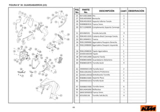 25 95714013000 Pin 1
44
FIG.
No.
PARTE
No.
DESCRIPCIÓN OBSERVACIÓN
CANT.
FIGURA N° 30: GUARDABARROS (2/2)
27 93814050000 Remache 2
28 95814010020 Soporte Inferior Farola 1
29 93008083010 Tuerca 5mm. 6
30 95711048000 Complemento Soporte Carenaje 1
31 J031060101 Tornillo 6x1x10L 4
32 95814011020 Cubierta Bisel Carenaje Farola 1
33 90114064011 Tuerca 2
34 95812009000 Agarradera Pasajero Derecha 1
35 95812008000 Agarradera Pasajero Izquierdo 1
36 95812008030 Tapón Agarradera 2
37 J650001000200 Tapón 1
38 95714012000 Soporte Farola 1
39 95808010000 Guardabarro Delantero 1
40 95808010070 Tornillo 6x16 4
41 J900000601200 Tornillo 6x12 2
42 95811042050 Cubierta Protectora 1
43 J650001200500 A vibrante Tornillo 2
45 95808015000 Soporte Placa 1
J900000601601S
46 Tornillo 6x16 4
47 93008037000 Tornillo 6mm. 4
49 90514045000 Re o 1
51 J06923050053 Tuerca 5mm. 1
53 J031050136 Tornillo 5x0.8x13L 4
 