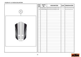 48
FIG.
No.
PARTE
No.
DESCRIPCIÓN OBSERVACIÓN
CANT.
FIGURA N° 33: RUEDA DELANTERA
1 95708093000 Calcomanía Guardabarro Del. 1
1A 95708193000 Calcomanía Guardabarro Del. 1
Moto Naranja Desde Año 2022
Moto Azul Desde Año 2022
 