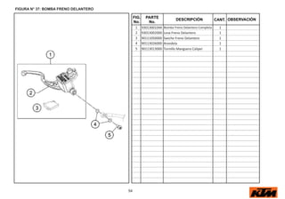 54
FIG.
No.
PARTE
No.
DESCRIPCIÓN OBSERVACIÓN
CANT.
FIGURA N° 37: BOMBA FRENO DELANTERO
1 93013001044 Bomba Freno Delantero Completa 1
2 93013002000 Leva Freno Delantero 1
3 90111050000 Swiche Freno Delantero 1
4 90113026000 Arandela 2
5 90113013000 Tornillo Manguera Caliper 1
 