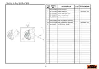 56
FIG.
No.
PARTE
No.
DESCRIPCIÓN OBSERVACIÓN
CANT.
FIGURA N° 39: CALIPER DELANTERO
1 90113015000 Caliper Delantero 1
1 94513015000 Caliper Delantero 1 Desde Año 2022
Desde Año 2022
2 90113021000 Tornillo Sangrador Freno 1
3 90113018000 Resorte Pastas Freno 1
4 90113017000 Tornillo Pasta Freno 1
5A 93813030044 Juego Pastas Freno Delantero 1
5 90813030000 Juego Pastas Freno Delantero 1
6 J01008060S Tornillo Caliper 8x1x60 2
 
