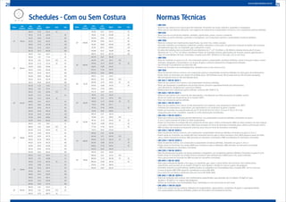 20 21www.tubosoliveira.com.br
Schedules - Com ou Sem Costura
Nom.
mm
Externo
mm
Interno
mm
Parede
Kg/m Den. Sch.
14” 355,60
330,20 12,70 107,27 XS
325,22 15,19 126,56 60
317,55 19,05 157,92 80
307,96 23,82 194,70 100
300,02 27,79 224,38 120
292,10 31,75 253,27 140
284,18 35,71 281,40 160
16” 406,40
393,70 6,35 62,57 10
390,56 7,92 77,78 20
387,36 9,52 93,16 STD 30
381,00 12,70 123,16 XS 40
373,08 16,66 159,96 60
363,52 21,44 203,28 80
354,02 26,19 245,25 100
344,48 30,96 286,34 120
333,34 36,53 332,78 140
325,42 40,49 364,93 160
18” 457,20
444,50 6,35 70,52 10
441,36 7,92 87,70 20
438,16 9,52 105,04 STD
434,94 11,13 122,24 30
431,80 12,70 139,05 XS
428,66 14,27 155,75 40
419,10 19,05 205,60 60
409,54 23,83 254,33 80
398,48 29,36 309,44 100
387,36 34,92 363,28 120
377,86 39,67 408,04 140
366,70 45,25 459,05 160
20” 508,00
495,30 6,35 78,47 10
488,95 9,53 116,97 STD 20
482,60 12,70 154,97 XS 30
477,82 15,09 183,14 40
466,76 20,62 247,78 60
455,62 26,19 310,91 80
442,92 32,54 381,20 100
431,80 38,10 441,06 120
419,10 44,45 507,63 140
407,98 50,01 564,24 160
22” 558,80
546,10 6,35 86,41 10
539,76 9,52 128,88 20
533,40 12,70 182,32 XS 30
527,04 15,88 212,31 40
514,36 22,22 293,75 60
501,66 28,57 373,21 80
488,96 34,92 450,69 100
476,26 41,27 526,17 120
463,56 47,62 599,66 140
450,86 53,97 671,15 160
24” 609,60
596,90 6,35 94,35 10
590,56 9,52 140,80 STD 20
584,20 12,70 186,73 XS
Nom.
mm
Externo
mm
Interno
mm
Parede
Kg/m Den. Sch.
24” 609,60
581,06 14,27 209,33 30
574,64 17,48 254,88 40
560,38 24,61 354,66 60
547,68 30,96 441,31 80
531,82 38,89 546,68 100
517,66 46,02 638,93 120
504,86 52,37 718,88 140
490,54 59,53 807,50 160
26” 660,40
647,70 6,35 102,30
641,40 9,53 152,71 STD
635,00 12,70 202,62 XS 20
628,64 15,88 252,04
625,44 17,48 276,75
622,30 19,05 300,95
28” 711,20
698,50 6,35 110,25
692,20 9,53 164,63 STD
685,80 12,70 218,51 XS 20
679,44 15,88 271,90 30
676,24 17,48 298,61
673,10 19,05 324,79
30” 762,00
749,30 6,35 118,19
743,00 9,53 176,55 STD
736,60 12,70 234,40 XS 20
730,24 15,88 291,77
727,04 17,48 320,49 30
723,90 19,05 350,62
32” 812,80
800,10 6,35 126,14
793,80 9,53 188,47 STD
787,40 12,70 250,30 XS 20
781,04 15,88 311,63 30
777,84 17,48 342,36 40
774,70 19,05 372,46
34” 863,60
850,90 6,35 134,08
844,60 9,53 200,39 STD
838,20 12,70 266,16 XS 20
831,84 15,88 331,50 30
828,64 17,48 364,22 40
825,50 19,05 396,74
36” 914,40
901,70 6,35 142,03
895,40 9,53 212,31 STD
889,00 12,70 282,08 XS 20
882,64 15,88 351,36 30
879,44 17,48 386,09
876,30 19,05 420,14
Normas Técnicas
• NBR 6591
• Tubos em aço carbono com costura para fins industriais. Fornecidos nas seções redondos, quadrados e retangulares.
• Tubos para as mais diversas aplicações, sem exigência de acabamento e propriedades mecânicas, com composições químicas definidas.
• NBR 8261
• Tubos para uso em estruturas soldadas, rebitadas, parafusadas, postes, escoras e andaimes.
• Fornecidos nos perfis redondos, quadrados e retangulares, com composições químicas e propriedades mecânicas definidas.
• NBR 5580
• Tubos de condução sem matéria-prima especificada, nas séries leve, média e pesada.
• São tubos utilizados nas instalações residenciais, prediais, industriais e construções em geral para condução de fluídos não-corrosivos,
	 principalmente água fria, ar-comprimido, gás combustível e outros.
• Os tubos têm rebarba interna removida R.I.R para diâmetros de 1” a 4” (33,40mm a 114,30mm) e rebarba interna alta R.I.A para
	 diâmetros de 1/2” a 3/4” (21,30mm a 26,90mm). Podem ser revestidos (pretos), galvanizados por imersão a quente (galvanizados a
	 fogo). As extremidades são lisas, chanfradas, roscadas (rosca BSP - Whitwort ou rosca gás, com ou sem luva).
• NBR 5590
• Tubos de condução nos graus A ou B, com composição química e propriedades mecânicas definidas, sendo os de grau A aptos a serem
	 dobrados, flangeados e serpentiados; e os de grau B aptos a sofrerem dobramento e flangeamento limitados.
• São fornecidos normalmente nas séries 40 e 80.
• Podem ser fornecidos com extremidades lisas, biseladas (com ou sem rosca) ou luva.
• NBR 5599
• Tubos de precisão interna e externa, com composição química e propriedades mecânicas definidas em vários graus de matéria-prima.
• Podem ainda ser fornecidos nos estados TD (trefilado duro), TM (trefilado macio), RB (recozido branco), RD (recozido decapado),
	 NB (normalizado branco) e ND (normalizado duro).
• DIN 1615 // DIN EN 10217-1
• Tubos em aço carbono com costura e com propriedades mecânicas definidas.
• Tubos não apropriados a trabalharem sob pressão interna, possuem capacidade limitada para deformações,
	 para dobramento, flangeamento e processos similares.
• Matéria-prima sem composição química definida, conforme DIN 17100 ST 33.
• DIN 1628 // DIN EN 10217-1
• Tubos em aço carbono com costura de alto desempenho, normalmente sem limite de pressão de trabalho, porém,
	 devem ser usados em temperaturas de no máximo 300ºC.
• Tubo com composição química definida.
• DIN 1626 // DIN EN 10217-1
• Tubos em aço carbono com costura, de alto desempenho com requisitos, para temperatura máxima de 300ºC.
• Utilizados em evaporadores, aquecedores, pré-aquecedores e em condutores de gases e líquidos.
• Podem ser fornecidos nas especificações de aço ST 33/37/42/34-2/37,2/42,2. Os aços ST 34-2 e 37-2 são
	 adequados para curvar, mandrilhar, expandir ou sofrer deformações semelhantes.
• DIN 2391 // DIN EN 10305-1
• Tubos sem costura e com elevada precisão dimensional, com propriedades mecânicas definidas e fornecidos nos graus
	 A, B ou C para condução de fluídos em altas temperaturas.
• Podem ser fornecidos nos estados BK (sem tratamento térmico após a última conformação), BKW (os tubos recebem uma leve redução
	 a frio após o último tratamento térmico), GBK (tubos recozidos em forno de atmosfera controlada após a última conformação a frio) e
	 NBK (os tubos são tratados termicamente acima da zona crítica em forno de atmosfera controlada).
• DIN 2393 // DIN EN 10305-2
• Tubos de precisão interna e externa, com composições e propriedades mecânicas definidas, fornecidos nos graus A, B ou C.
• Podem ainda ser fornecidos nos estados BK (sem tratamento térmico após a última formação a frio), BKW (pequeno passe de trefila
	 após o último tratamento térmico), GBK (recozidos em atmosfera controlada) e NBK (normalizados em atmosfera controlada).
• DIN 2394 // DIN EN 10305-3
• Tubos de precisão externa, com composições e propriedades mecânicas definidas, fornecidos nos graus A, B ou C.
• Podem ainda ser fornecidos nos estados BKM (sem tratamento após a calibração), GBK (recozidos em atmosfera controlada)
	 e NBK (normalizados em atmosfera controlada).
• DIN 2395 // DIN EN 10305-5
• Tubos de precisão para uso geral, nas seções quadrados e retangulares, com composições químicas definidas e fornecidos nos graus A ou B.
• Podem ainda ser fornecidos nos estados M (sem tratamento após bitolamento) e BKM (como o M, porém brilhante).
	 Para o grau B pode ser fornecido em NBK (recozido em atmosfera controlada).
• DIN 2440 // DIN EN 10255
• Tubos para condução de líquidos como água, ar-comprimido, gás, vapor e outros fluídos não-corrosivos. Sem matéria-prima 	
	 especificada, para pressões de no máximo 25 Kgf/cm² para líquidos e 10 Kgf/cm² para ar e gases não-perigosos.
• Fornecidos somente no perfil redondo. Também podem ser adquiridos com extremidades lisas e roscadas BSP, com ou sem luva.
• A norma brasileira NBR 5580 classe M é semelhante à norma DIN 2440.
• Essa norma foi cancelada e substituída pela euro norma EN 10255:2004.
• DIN 2441 // DIN EN 10255-H
• Tubos de condução sem costura, sem matéria-prima especificada, para pressões de no máximo 25 Kgf/cm² para
	 líquidos e 10 Kgf/cm² ar e gases não-perigosos.
• Podem ser fornecidos com extremidades lisas, chanfradas ou com rosca (com ou sem luva).
• DIN 2458 // DIN EN 10220
• Tubos com costura de aço carbono utilizados em evaporadores, aquecedores, condutores de gases e superaquecedores.
• Com propriedades mecânicas definidas, podem ser fornecidos com tratamento térmico.
 