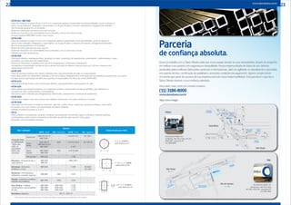 22 23
• ASTM A53 / NBR 5590
• Tubos de condução nos graus de aço A ou B, com composição química e propriedades mecânicas definidas, sendo os de grau A
	 aptos a serem dobrados, flangeados e serpentiados e os de grau B aptos a sofrerem dobramento e flangeamento limitados.
• São fornecidos geralmente nos Schedules.
• Podem ser feitos pelos processos com e sem costuras.
• Podem ser fornecidos com extremidades lisas ou biseladas, com ou sem luvas e roscas.
• A norma brasileira NBR 5590 é similar a essa norma.
• ASTM A106
• Tubos de condução nos graus A ou B, com composição química e propriedades mecânicas definidas, sendo os de grau A
	 aptos a serem dobrados, flangeados e serpentiados e os de grau B aptos a sofrerem dobramento e flangeamento limitados.
• São fornecidos geralmente nos Schedules.
• Podem ser feitos pelo processo sem costuras.
• Podem ser fornecidos com extremidades lisas ou biseladas, com ou sem luvas e roscas.
• Aplicado para altas temperaturas.
• ASTM A178
• Tubos para caldeiras, superaquecedores, geradores de vapor, serpentinas de aquecimento, evaporadores, condensadores e vasos
	 de pressão, em vários graus de matéria-prima.
• Podem ser submetidos a trabalhos a frio tais como flangeamento, conificação e dobramento.
• Os requisitos e propriedades mecânicas não se aplicam aos tubos de diâmetro interno menor que 3,20 mm e espessura de
	 parede menor que 0,4 mm.
• ASTM A179
• Tubos de aço baixo carbono sem costura, trefilados a frio, para permutações de calor ou condensadores.
• Esses tubos podem ser submetidos a trabalhos a frio como dobras, flangeamento e conificação sem necessidade de aquecimento nas pontas.
• Os tubos dessa especificação atendem aos requisitos de propriedades mecânicas da norma ASTM A450.
• ASTM A213
• Tubos de aço de liga ferrítica, sem costura para caldeiras, superaquecedores e permutadores de calor.
• ASTM A214
• Tubos soldados por resistência elétrica com composição química e propriedades mecânicas definidas, para utilização em
	 trocadores de calor, condensadores e permutadores.
• São aptos a serem utilizados para flangeamento, dobramento, achatamento e confecção de serpentinas.
• ASTM A423
• Tubos de aço carbono com e sem costura para trabalhos sob pressão, com maior resistência à corrosão.
• ASTM A500
• Tubos para uso estrutural em máquinas industriais, agrícolas, pontes, torres, coberturas, estruturas metálicas, entre outros.
• Fornecidos com e sem costura, com propriedades mecânicas definidas.
• Também fornecidos nos graus A, B ou C.
• API 5L
• Tubos utilizados na prospecção, extração, condução e processamento de petróleo e gás em refinarias, indústrias químicas
	 e petroquímicas, assim como no transporte de derivados de petróleo, gás natural e outros gases.
• Fornecidos com extremidades biseladas.
As mais variadas
especificações em
tubos de aço
Tipo / Aplicação
Normas
ABTN > Brasil DIN > Alemanha ASTM > U.S.A BSI > Inglaterra
Condução Preto
ou Galvanizado
> Água, gás,
vapor, ar
comprimido,
fluidos não
corrosivos
Classe Leve
NBR 559 SCH 10
NBR 5580 L
--
--
A 53 SCH 10 L
--
BS 1387 L
--
Classe
Média
NBR 5580 M
NBR 5590 SCH 40
NBR 5885*
2440
--
--
A 53 SCH 40 M
--
A 120*
BS 1387 M
--
--
Classe
Pesada
NBR 5580 P
NBR 5590
2441
--
A 53 SCH 80
--
--
--
Alta pressão NBR 6321 -- A 106 --
Eltrodutos > Proteção de fios e
cabos elétricos
NBR 5597
NBR 559
--
--
ANSI C.80.1
--
--
--
Estruturais > Estruturas,
andaimes e cercas
NBR 8261
--
--
--
A 500
--
BS 6363
BS 1139
Mecânicos > Fins industriais,
trefiladores, standard, especiais
NBR 6591 2394 A 513 --
Precisão>Laminadosoutrefilados,
indústriasautomobilísticas
NBR 5599 2393 A 513 --
Troca Térmica > Caldeiras,
condensadores e permutadores
de calor
NBR 5585
NBR 5595
NBR 5596
2458/1615
2458/1626
2458/1628
A 214
A 178
A 226
--
--
--
Petrolíferos (Pipelines) API 5 L / API 5 CT
* Estas normas estão canceladas em seus Institutos de origem, embora possam ser fabricadas sob consulta.
Cálculo de peso por metro
D - e . e . 0,02466 =
peso teórico p/ mt
A . 1,27 - e . e . 0,02466
= peso teórico p/ mt
A + B . 1,27 - e . e . 0,02466 =
	 2	 peso teórico p/ mt
Parceria
de confiança absoluta.
Quem já trabalha com a Tubos Oliveira sabe que nossa equipe atende às suas necessidades através do empenho
em realizar o seu projeto com segurança e tranquilidade. Nossa empresa dispõe de tubos de aço carbono
produzidos pelos melhores fabricantes nacionais e internacionais, além da agilidade no atendimento e prontidão
em suporte técnico, certificação de qualidade e acessíveis condições de pagamento. Agimos sempre tendo
em mente que parte do sucesso de sua empresa está sob nossa responsabilidade. Esta parceria é o que faz a
Tubos Oliveira merecer a sua confiança absoluta.
Para saber mais, entre em contato conosco:
(11) 3186-8000
www.tubosoliveira.com.br
Veja como chegar:
Matriz:
Filial:
Rua Sampaio Ribeiro, 62
Jd. Munhoz - Rod. Pres. Dutra - Km 227
07033-240 - Guarulhos/SP
(11) 3186-8000
Rua Amâncio Gaiolli, 121
Bonsucesso - Rod. Pres. Dutra
Km 208 - 07251-250 - Guarulhos/SP
(11) 2489-1689
www.tubosoliveira.com.br
 
