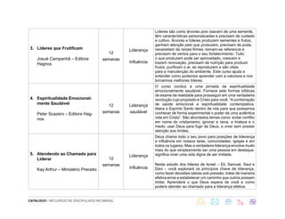 CATÁLOGO - RECURSOS DE DISCIPULADO NO BRASIL
3. Líderes que Frutificam
Josué Campanhã – Editora
Hagnos
12
semanas
Liderança
Influência
Líderes são como árvores pois nascem de uma semente,
têm características personalizadas e precisam de cuidado
e cultivo. Árvores e líderes produzem sementes e frutos,
ganham atenção pelo que produzem, precisam de poda,
necessitam de raízes firmes, tornam-se referencia e
precisam de ventos para o seu fortalecimento. Tudo
o que produzem pode ser aproveitado, crescem e
trazem renovação, precisam de nutrição para produzir
frutos, purificam o ar, se reproduzem e são vitais
para a manutenção do ambiente. Este curso ajuda a
entender como podemos aprender com a natureza e nos
tornarmos melhores líderes.
4. Espiritualidade Emocional-
mente Saudável
Peter Scazero – Editora Hag-
nos
12
semanas
Liderança
saudável
O curso conduz a uma jornada da espiritualidade
emocionalmente saudável. Fornece sete formas bíblicas
de exame da realidade para prosseguir em uma verdadeira
revolução cujo propósito é Cristo para você. “Acombinação
de saúde emocional e espiritualidade contemplativa,
libera o Espírito Santo dentro de nós para que possamos
conhecer de forma experimental o poder de uma autêntica
vida em Cristo”. São abordados temas como: evitar conflito
em nome do cristianismo; ignorar a raiva, a tristeza e o
medo; usar Deus para fugir de Deus, e viver sem prestar
atenção aos limites.
5. Atendendo ao Chamado para
Liderar
Kay Arthur – Ministério Preceito
12
semanas
Liderança
Influência
Deus chama todo o seu povo para posições de liderança
e influência em nossos lares, comunidades, igrejas e em
todos os lugares. Mas a verdadeira liderança envolve muito
mais do que simplesmente ser uma pessoa em destaque,
significa viver uma vida digna de ser imitada.
Neste estudo dos líderes de Israel – Eli, Samuel, Saul e
Davi – você explorará os princípios chave de liderança,
como fazer decisões sábias sob pressão, tratar de maneira
efetiva erros e estabelecer um caminho que outros possam
imitar. Aprenderá o que Deus espera de você e como
poderá atender ao chamado para a liderança efetiva.
 