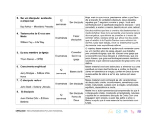 CATÁLOGO - RECURSOS DE DISCIPULADO NO BRASIL
3. Ser um discípulo: avaliando
o preço real
Kay Arthur – Ministério Preceito
12
semanas
Ser discípulo
Hoje, mais do que nunca, precisamos saber o que Deus
diz a respeito do verdadeiro discípulo. Jesus desafiou
aqueles que O seguiam a avaliar o preço. Você será
confrontado com o significado da palavra discípulo – será
convidado a aceitar o mesmo desafio de um viver radical!
4. Testemunhe de Cristo sem
Medo
William Fay – Life Way
8 semanas
Fazer
discípulos
Um dos motivos que leva o crente a não testemunhar é o
medo de falhar. Esse livro apresenta uma maneira natural
de evangelizar, que elimina as pressões e o receio de
cometer falhas. Destaca ainda que Deus nos deu poder,
que o trabalho é do Espírito Santo e que a vitória é do
Senhor. Após esse estudo, você vai testemunhar sua fé
de maneira mais espontânea e eficaz.
5. Eu sou membro de Igreja
Thom Rainer – CPAD
6 semanas
Conexão/
Servir na
igreja
O objetivo desse material é ajudar você a entender como
ser um membro ativo da igreja, alguém que trabalha
pela unidade da igreja, que não buscará uma igreja que
se concentre nos meus desejos e preferências, que ora
pelos líderes, que guia sua família para serem membros
saudáveis e que valoriza sua posição de igreja como uma
dádiva.
6. Crescimento espiritual
Jerry Bridges – Editora Vida
Nova
12
semanas
Bases da fé
Nesse material você será estimulado a alimentar sua vida
espiritual por meio das Escrituras, a confiar no Espírito
Santo em obediência e oração; confiar em Deus durante
as provações da vida e a servis aos outros com seus
dons.
7. O discípulo radical
John Stott – Editora Ultimato
8 semanas Ser discípulo
Nesse material você conhecerá as oito características
do discipulado cristão: inconformismo, semelhança com
Cristo, maturidade, cuidado com a criação, simplicidade,
equilíbrio, dependência e morte.
8. O discípulo
Juan Carlos Ortiz – Editora
Betânia
12
semanas
Ser discípulo
Reino de
Deus
Neste livro o autor apresenta sua compreensão do que é
o discipulado cristão, mostrando a mentalidade, natureza
e ações de um verdadeiro discípulo de Cristo.Com uma
linguagem bem sincera, o autor fala sobre o amor, o
Reino e aquilo que é mais essencial na caminhada com
Cristo.
 