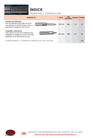 PRODUCTO SPEC. RANGOTIPO
DECÓDIGO
VIII
Nota: El color rojo indica los productos Somta Premium
PÁGINA
MUNDO HERRAMIENTAS DE CORTE DE CLASE
ÍNDICE
INSERTOS Y CASQUILLOS
282
283 68
68
Casquillos reductores
Para reducir el cono de la máquina para
adaptarse a mangos en cono morse más
pequeños en la herramienta en uso.
0-5DIN 228
Insertos de extensión
Para la extensión del husillo de forma
que abarque un tamaño mayor, menor o
igual que el mango en cono morse.
1-5DIN 228
CONDICIONES Y TÉRMINOS GENERALES DE VENTAS - 199--
 