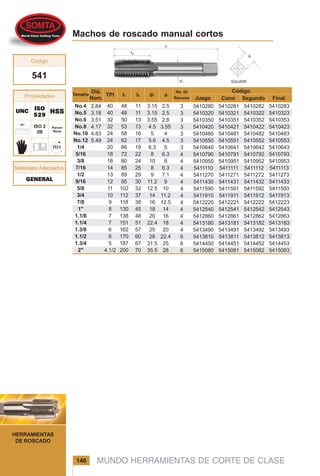 MUNDO HERRAMIENTAS DE CORTE DE CLASE146
HERRAMIENTAS
DE ROSCADO
Machos de roscado manual cortos
ISO 2
2B
No.4
No.5
No.6
No.8
No.10
No.12
1/4
5/16
3/8
7/16
1/2
9/16
5/8
3/4
7/8
1"
1.1/8
1.1/4
1.3/8
1.1/2
1.3/4
2"
40
40
32
32
24
24
20
18
16
14
13
12
11
10
9
8
7
7
6
6
5
4.1/2
48
48
50
53
58
62
66
72
80
85
89
95
102
112
118
130
138
151
162
170
187
200
11
11
13
13
16
17
19
22
24
25
29
30
32
37
38
45
48
51
57
60
67
70
3.15
3.15
3.55
4.5
5
5.6
6.3
8
10
8
9
11.2
12.5
14
16
18
20
22.4
25
28
31.5
35.5
2.5
2.5
2.8
3.55
4
4.5
5
6.3
8
6.3
7.1
9
10
11.2
12.5
14
16
18
20
22.4
25
28
2.84
3.18
3.51
4.17
4.83
5.49
5410283
5410323
5410353
5410423
5410483
5410553
5410643
5410793
5410953
5411113
5411273
5411433
5411593
5411913
5412223
5412543
5412863
5413183
5413493
5413813
5414453
5415083
5410282
5410322
5410352
5410422
5410482
5410552
5410642
5410792
5410952
5411112
5411272
5411432
5411592
5411912
5412222
5412542
5412862
5413182
5413492
5413812
5414452
5415082
5410281
5410321
5410351
5410421
5410481
5410551
5410641
5410791
5410951
5411111
5411271
5411431
5411591
5411911
5412221
5412541
5412861
5413181
5413491
5413811
5414451
5415081
5410280
5410320
5410350
5410420
5410480
5410550
5410640
5410790
5410950
5411110
5411270
5411430
5411590
5411910
5412220
5412540
5412860
5413180
5413490
5413810
5414450
5415080
3
3
3
3
3
3
3
4
4
4
4
4
4
4
4
4
4
4
4
6
6
6
ISOISOISOISOISO
529529529529529
Ranura
Recta
HSSHSSHSSHSSHSS
541
Materiales Adecuados
UNCUNCUNCUNCUNC
Propiedades
Código
Tamaño l2l1 d1 a
Juego
Código
Cono Segundo Final
No. de
Ranuras
TPI
Diá.
Nom.
GENERALGENERALGENERALGENERALGENERAL
 
