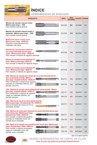PRODUCTO SPEC. RANGOTIPO
DECÓDIGO
XVI
Nota: El color rojo indica los productos Somta Premium
PÁGINA
MUNDO HERRAMIENTAS DE CORTE DE CLASE
ÍNDICE
HERRAMIENTAS DE ROSCADO
501ISO 529 124
Machos de roscado manual cortos
Métrica paso largo - HSS
Para roscado manual general.
M1-M68
519ISO 529 125
Machos de roscado manual cortos a
izquierda - Métrica paso largo - HSS
Para roscado manual general.
M3-M36
508ISO 529 127
Machos de roscado para máquinas
con punta helicoidal dormer (gun
nose) - Métrica paso largo - HSSE-V3
Para roscado a máquina de agujeros pasantes.
M2-M36
510ISO 529 128
Machos de roscado ranura helicoidal 35º
corto - Métrica paso largo - HSSE-V3
Para roscado a máquina de agujeros ciegos.
M3-M24
509 128
Machos de roscado ranura helicoidal 15º
corto - Métrica paso largo- HSSE-V3
Para roscado a máquina de agujeros ciegos.
ISO 529 M3-M24
518 126
Machos de roscar a mano serie
Métrica paso largo - HSSE-V3
Roscado a mano general en los
materiales más duros.
DIN 352 M3-M24
CBA - Machos de roscar sin ranura banda amarilla
Métrica paso largo - Revestimiento TiN - HSSE-V3
Para la formación de roscas en frío en
materiales dúctiles.
558 130
CBA - Machos de roscado ranura helicoidal 40° banda amarilla - Métrica
paso largo Acabado brillante - HSSE-V3
Para mandrinado a máquina de agujeros
ciegos en materiales blandos, por
ejemplo aluminio.
DIN 371
DIN 376
M3-M10
569 130M12-M24
512 131DIN 371 M3-M12
538DIN 371
548 129
129
CBA - Machos de roscado para máquinas con punta helicoidal dormer
(gun nose) banda amarilla - Métrica
paso largo - Acabado brillante - HSSE-V3
Para mandrinado a máquina de agujeros
pasantes en materiales blandos, por
ejemplo aluminio.
M3-M10
DIN 376 M12-M24
539
549
132
132
M3-M10DIN 371
DIN 376
559 133
M12-M24
M3-M10DIN 371
570 133DIN 376 M12-M24
CBA - Machos de roscar para máquinas con punta helicoidal dormer (gun
nose) banda azul - Métrica paso largo
Revestimiento TiAlN - HSSE-V3
Para roscado a máquina de agujeros
pasantes en materiales duros, por
ejemplo acero inoxidable.
CBA - Machos de roscado ranura helicoidal 40° banda azul - Métrica paso
largo - Revestimiento TiAlN - HSSE-V3
Para roscado a máquina de agujeros
ciegos en materiales duros, por
ejemplo acero inoxidable.
Sigue en la página siguiente...
 