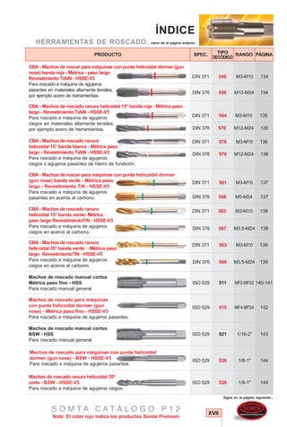 PRODUCTO SPEC. RANGOTIPO
DECÓDIGO
PÁGINA
XVII
Nota: El color rojo indica los productos Somta Premium
S O M T A C A T Á L O G O P 1 2
576
564 135
135
DIN 371
DIN 376
M3-M10
M12-M24
CBA - Machos de roscado ranura helicoidal 15° banda roja - Métrica paso
largo - Revestimiento TiAlN - HSSE-V3
Para roscado a máquina de agujeros
ciegos en materiales altamente tensiles,
por ejemplo acero de herramientas.
578
579
561
566
562
567
136
136
137
137
138
138
CBA - Machos de roscado ranura
helicoidal 15° banda blanca - Métrica paso
largo - Revestimiento TiAlN - HSSE-V3
Para roscado a máquina de agujeros
ciegos o agujeros pasantes de hierro de fundición.
CBA - Machos de roscar para máquinas con punta helicoidal dormer
(gun nose) banda verde - Métrica paso
largo - Revestimiento TiN - HSSE-V3
Para roscado a máquina de agujeros
pasantes en aceros al carbono.
DIN 371
DIN 376
M3-M10
M12-M24
DIN 371
DIN 376
M3-M10
M5-M24
DIN 371
DIN 376
M3-M10
M3.5-M24
563
568
139
139
DIN 371
DIN 376
M3-M10
M3.5-M24
Machos de roscado manual cortos
Métrica paso fino - HSS
Para roscado manual general.
511ISO 529 140-141MF3-MF52
Machos de roscado para máquinas
con punta helicoidal dormer (gun
nose) - Métrica paso fino - HSSE-V3
Para roscado a máquina de agujeros pasantes.
515ISO 529 142MF4-MF24
Machos de roscado para máquinas con punta helicoidal
dormer (gun nose) - BSW - HSSE-V3
Para roscado a máquina de agujeros pasantes.
526ISO 529 1441/8-1"
Machos de roscado manual cortos
BSW - HSS
Para roscado manual general.
521ISO 529 1431/16-2”
CBA - Machos de roscado ranura
helicoidal 15° banda verde- Métrica
paso largo RevestimientoTiN - HSSE-V3
Para roscado a máquina de agujeros
ciegos en aceros al carbono.
CBA - Machos de roscado ranura
helicoidal 35° banda verde - Métrica paso
largo RevestimientoTiN - HSSE-V3
Para roscado a máquina de agujeros
ciegos en aceros al carbono.
Machos de roscado ranura helicoidal 35º
corto - BSW - HSSE-V3
Para roscado a máquina de agujeros ciegos.
528ISO 529 1441/8-1"
ÍNDICE
HERRAMIENTAS DE ROSCADO... viene de la página anterior
540 134M3-M10DIN 371
134DIN 376 550 M12-M24
CBA - Machos de roscar para máquinas con punta helicoidal dormer (gun
nose) banda roja - Métrica - paso largo
Revestimiento TiAlN - HSSE-V3
Para roscado a máquina de agujeros
pasantes en materiales altamente tensiles,
por ejemplo acero de herramientas.
Sigue en la página siguiente...
 
