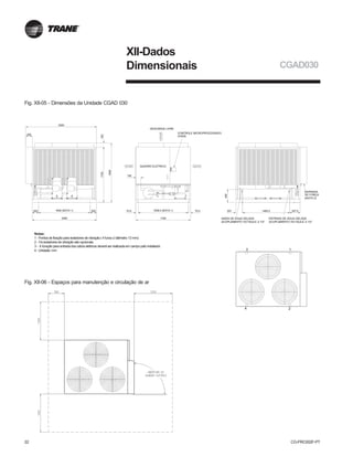 22 CG-PRC002F-PT
Fig. XII-05 - Dimensões da Unidade CGAD 030
CGAD030
1465.5 327.5
402
120
1840
1720
2200
200
2000
2001600 (NOTA 1)200
13
24
207
155
CONTROLE MICROPROCESSADO
CH530
DESCARGA LIVRE
DE FORÇA
(NOTA 3)
ENTRADA
ENTRADA DE ÁGUA GELADA
ACOPLAMENTO VICTAULIC 2.1/2"
SAÍDA DE ÁGUA GELADA
ACOPLAMENTO VICTAULIC 2.1/2"
NOTAS:
4 - Unidade: mm
3 - A furação para entrada dos cabos elétricos deverá ser realizada em campo pelo instalador
2 - Os isoladores de vibração são opcionais
1 - Pontos de fixação para isoladores de vibração (4 furos c/ diâmetro 13mm)
1700
70.51558.5 (NOTA 1)70.5
QUADRO ELÉTRICO
DIMENSÕES DA UNIDADE CGAD 030
Fig. XII-06 - Espaços para manutenção e circulação de ar
XII-Dados
Dimensionais
Notas:
1 - Pontos de fixação para isoladores de vibração ( 4 furos c/ diâmetro 13 mm)
2 - Os isoladores de vibração são opcionais.
3 - A furação para entrada dos cabos elétricos deverá ser realizada em campo pelo instalador.
4 - Unidade: mm
 