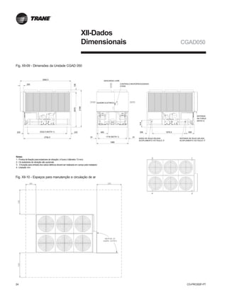 24 CG-PRC002F-PT
XII-Dados
Dimensionais
Fig. XII-09 - Dimensões da Unidade CGAD 050
CGAD050
Fig. XII-10 - Espaços para manutenção e circulação de ar
COMPRESSORES
1978.5
2070
2190
2302332.5 (NOTA 1)
2792.5
COMPRESSORES
230
1880
81
3
4
414
81
2992.5
200
120
1
2
508306685
CONTROLE MICROPROCESSADO
CH530
DESCARGA LIVRE
ENTRADA DE ÁGUA GELADA
ACOPLAMENTO VICTAULIC 3"
SAÍDA DE ÁGUA GELADA
ACOPLAMENTO VICTAULIC 3"
(NOTA 3)
ENTRADA
DE FORÇA
1718 (NOTA 1)
NOTAS:
4 - Unidade: mm
3 - A furação para entrada dos cabos elétricos deverá ser realizada em campo pelo instalador
2 - Os isoladores de vibração são opcionais
1 - Pontos de fixação para isoladores de vibração (4 furos c/ diâmetro 13mm)
QUADRO ELÉTRICO
DIMENSÕES DA UNIDADE CGAD 050
Notas:
1 - Pontos de fixação para isoladores de vibração ( 4 furos c/ diâmetro 13 mm)
2 - Os isoladores de vibração são opcionais.
3 - A furação para entrada dos cabos elétricos deverá ser realizada em campo pelo instalador.
4 - Unidade: mm
 