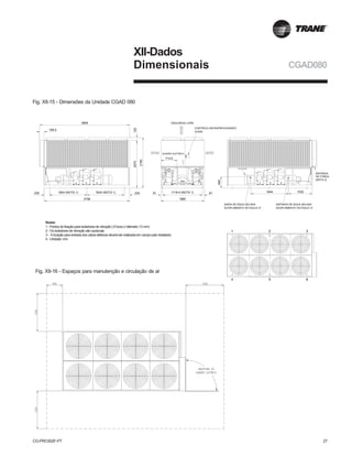 CG-PRC002F-PT 27
Fig. XII-15 - Dimensões da Unidade CGAD 080
CGAD080
XII-Dados
Dimensionais
Fig. XII-16 - Espaços para manutenção e circulação de ar
495
1032
2190
3908
199.5
654
321
230
EVAPORADOR
1880
16441624 (NOTA 1) 1624 (NOTA 1)
3708
2070120
713.5
CONTROLE MICROPROCESSADO
CH530
DESCARGA LIVRE
ENTRADA
DE FORÇA
(NOTA 3)
SAÍDA DE ÁGUA GELADA
ACOPLAMENTO VICTAULIC 4"
ENTRADA DE ÁGUA GELADA
ACOPLAMENTO VICTAULIC 4"
1718.5 (NOTA 1)81 81230
NOTAS:
4 - Unidade: mm
3 - A furação para entrada dos cabos elétricos deverá ser realizada em campo pelo instalador
2 - Os isoladores de vibração são opcionais
1 - Pontos de fixação para isoladores de vibração (6 furos c/ diâmetro 13mm)
QUADRO ELÉTRICO
DIMENSÕES DA UNIDADE CGAD 080
Notas:
1 - Pontos de fixação para isoladores de vibração ( 6 furos c/ diâmetro 13 mm)
2 - Os isoladores de vibração são opcionais.
3 - A furação para entrada dos cabos elétricos deverá ser realizada em campo pelo instalador.
4 - Unidade: mm
 