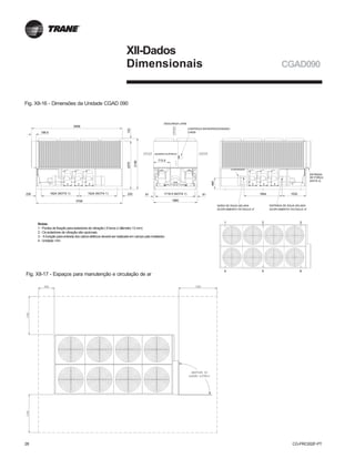 28 CG-PRC002F-PT
XII-Dados
Dimensionais CGAD090
Fig. XII-16 - Dimensões da Unidade CGAD 090
Fig. XII-17 - Espaços para manutenção e circulação de ar
199.5
1032
495
3908
2190
654
321
230
EVAPORADOR
16441624 (NOTA 1) 1624 (NOTA 1)
3708
2070120
713.5
CONTROLE MICROPROCESSADO
CH530
DESCARGA LIVRE
ENTRADA
DE FORÇA
(NOTA 3)
SAÍDA DE ÁGUA GELADA
ACOPLAMENTO VICTAULIC 4"
ENTRADA DE ÁGUA GELADA
ACOPLAMENTO VICTAULIC 4"
1880
1718.5 (NOTA 1)81 81230
NOTAS:
4 - Unidade: mm
3 - A furação para entrada dos cabos elétricos deverá ser realizada em campo pelo instalador
2 - Os isoladores de vibração são opcionais
1 - Pontos de fixação para isoladores de vibração (6 furos c/ diâmetro 13mm)
QUADRO ELÉTRICO
DIMENSÕES DA UNIDADE CGAD 090
Notas:
1 - Pontos de fixação para isoladores de vibração ( 6 furos c/ diâmetro 13 mm)
2 - Os isoladores de vibração são opcionais.
3 - A furação para entrada dos cabos elétricos deverá ser realizada em campo pelo instalador.
4 - Unidade: mm
 