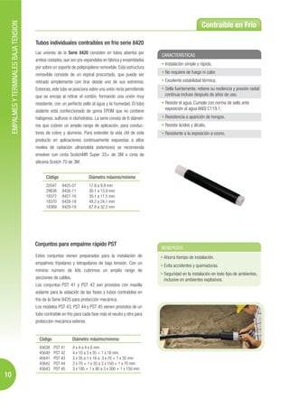 EMPALMES Y TERMINALES BAJA TENSION
                                                                                                                                      Contraíble en Frío

                                          Tubos individuales contraibles en frio serie 8420
                                          Las uniones de la Serie 8420 consisten en tubos abiertos por
                                                                                                               CARACTERÍSTICAS
                                          ambos costados, que son pre-expandidos en fábrica y ensamblados
                                                                                                                Instalación simple y rápida.
                                          por sobre un soporte de polipropileno removible. Esta estructura
                                          removible consiste de un espiral precortado, que puede ser            No requiere de fuego ni calor.
                                          retirado simplemente con tirar desde uno de sus extremos.             Excelente estabilidad térmica.
                                          Entonces, este tubo se posiciona sobre una unión recta permitiendo    Sella fuertemente, retiene su resilencia y presión radial
                                          que se encoja al retirar el cordón, formando una unión muy            continua incluso después de años de uso.
                                          resistente, con un perfecto sello al agua y la humedad. El tubo       Resiste el agua. Cumple con norma de sello ante
                                          aislante está confeccionado de goma EPDM que no contiene              exposición al agua ANSI C119.1.
                                          halógenos, sulfuros ni clorhidratos. La serie consta de 6 diámet-     Resistencia a aparición de hongos.
                                          ros que cubren un amplio rango de aplicación, para conduc-            Resiste ácidos y álcalis.
                                          tores de cobre y aluminio. Para extender la vida útil de este         Resistente a la exposición a ozono.
                                          producto en aplicaciones continuamente expuestas a altos
                                          niveles de radiación ultravioleta (exteriores) se recomienda
                                          envolver con cinta ScotchMR Super 33+ de 3M o cinta de
                                          silicona Scotch 70 de 3M.


                                                Código                    Diámetro máximo/mínimo
                                                32047     8425-07         17.8 a 9.9 mm
                                                29838     8426-11         30.1 a 13.9 mm
                                                18372     8427-16         35.1 a 17.5 mm
                                                18370     8428-18         49.2 a 24.1 mm
                                                18369     8429-18         67.8 a 32.2 mm




                                          Conjuntos para empalme rápido PST
                                                                                                               BENEFICIOS
                                          Estos conjuntos vienen preparados para la instalación de              Ahorra tiempo de instalación.
                                          empalmes tripolares y tetrapolares de baja tensión. Con un
                                                                                                                Evita accidentes y quemaduras.
                                          mínimo número de kits cubrimos un amplio rango de
                                                                                                                Seguridad en la instalación en todo tipo de ambientes,
                                          secciones de cables.                                                  inclusive en ambientes explosivos.
                                          Los conjuntos PST 41 y PST 42 son provistos con masilla
                                          aislante para la aislación de las fases y tubos contraibles en
                                          frio de la Serie 8420 para protección mecánica.
                                          Los modelos PST 43, PST 44 y PST 45 vienen provistos de un
                                          tubo contraible en frio para cada fase más el neutro y otro para
                                          protección mecánica exterior.


                                            Código              Diámetro máximo/mínimo
                                            45638    PST 41     4 x 4 a 4 x 6 mm
                                            45640    PST 42     4 x 10 a 3 x 35 + 1 x 16 mm
                                            45641    PST 43     3 x 35 a 1 x 16 a 3 x 70 + 1 x 35 mm
                                            45642    PST 44     3 x 70 + 1 x 35 a 3 x 150 + 1 x 70 mm
                                            45643    PST 45     3 x 185 + 1 x 90 a 3 x 300 + 1 x 150 mm
10
 