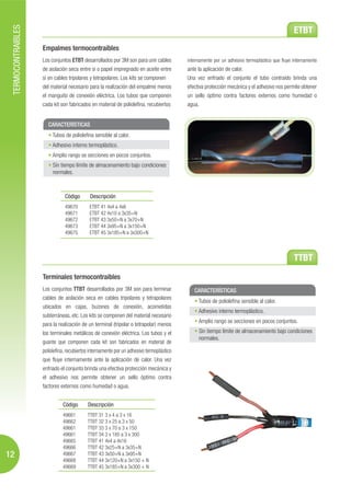 TERMOCONTRAIBLES
                                                                                                                                               ETBT
                    Empalmes termocontraibles
                    Los conjuntos ETBT desarrollados por 3M son para unir cables          internamente por un adhesivo termoplástico que fluye internamente
                    de aislación seca entre si o papel impregnado en aceite entre         ante la aplicación de calor.
                    si en cables tripolares y tetrapolares. Los kits se componen          Una vez enfriado el conjunto el tubo contraído brinda una
                    del material necesario para la realización del empalme menos          efectiva protección mecánica y el adhesivo nos permite obtener
                    el manguito de conexión eléctrica. Los tubos que componen             un sello óptimo contra factores externos como humedad o
                    cada kit son fabricados en material de poliolefina, recubiertos       agua.


                      CARACTERÍSTICAS
                         Tubos de poliolefina sensible al calor.
                         Adhesivo interno termoplástico.
                         Amplio rango se secciones en pocos conjuntos.
                         Sin tiempo límite de almacenamiento bajo condiciones
                         normales.



                               Código       Descripción
                               49670        ETBT 41 4x4 a 4x6
                               49671        ETBT 42 4x10 a 3x35+N
                               49672        ETBT 43 3x50+N a 3x70+N
                               49673        ETBT 44 3x95+N a 3x150+N
                               49675        ETBT 45 3x185+N a 3x300+N




                                                                                                                                               TTBT
                    Terminales termocontraibles
                    Los conjuntos TTBT desarrollados por 3M son para terminar                CARACTERÍSTICAS
                    cables de aislación seca en cables tripolares y tetrapolares
                                                                                               Tubos de poliolefina sensible al calor.
                    ubicados en cajas, buzones de conexión, acometidas
                                                                                               Adhesivo interno termoplástico.
                    subterráneas, etc. Los kits se componen del material necesario
                                                                                               Amplio rango se secciones en pocos conjuntos.
                    para la realización de un terminal (tripolar o tetrapolar) menos
                    los terminales metálicos de conexión eléctrica. Los tubos y el             Sin tiempo límite de almacenamiento bajo condiciones
                                                                                               normales.
                    guante que componen cada kit son fabricados en material de
                    poliolefina, recubiertos internamente por un adhesivo termoplástico
                    que fluye internamente ante la aplicación de calor. Una vez
                    enfriado el conjunto brinda una efectiva protección mecánica y
                    el adhesivo nos permite obtener un sello óptimo contra
                    factores externos como humedad o agua.


                              Código       Descripción
                              49661        TTBT 31 3 x 4 a 3 x 16
                              49662        TTBT 32 3 x 25 a 3 x 50
                              49661        TTBT 33 3 x 70 a 3 x 150
                              49661        TTBT 34 3 x 185 a 3 x 300
                              49665        TTBT 41 4x4 a 4x16
                              49666        TTBT 42 3x25+N a 3x35+N
12                            49667        TTBT 43 3x50+N a 3x95+N
                              49668        TTBT 44 3x120+N a 3x150 + N
                              49669        TTBT 45 3x185+N a 3x300 + N
 