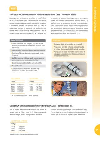 EMPALMES Y TERMINALES
  QTII

Serie 5620/30K terminaciones uso interior/exterior 5-15Kv. Clase 1 contraíbles en frío.
Los juegos para terminaciones contraíbles en frío QTII Serie      un aislador de silicona. Cinco juegos cubren un rango de
5620/30K, de una sola pieza, fueron diseñados para realizar       cables con diámetros de aislamiento primario entre 8,1 y
terminaciones en cables de potencia apantallados, unipolares      45,7mm, tanto en conductores de cobre como de aluminio.
ó multipolares, armados ó no armados desde 5 a 15Kv, en           Cada juego contiene todo el material necesario para realizar
aplicaciones interiores y exteriores. La terminación está         tres terminaciones , excepto el conector Terminal. Los juegos
formada por un tubo de control de esfuerzo eléctrico a base de    para terminaciones QTII Serie 5620/30K son fabricados bajo
goma EPDM (de alta constante dieléctrica “K”), protegido con      los estándares de calidad de la norma ISO 9000.



  CARACTERÍSTICAS                                                    BENEFICIOS
    Diseño modular de una sola pieza. Práctico, versátil               Aplicación rápida del terminal en un cable de M.T.
    y de muy fácil instalación (evita errores humanos en la
    instalación).                                                      Proporciona control de esfuerzo, protección contra
                                                                       el tracking eléctrico y sello total contra la humedad.
     Tubo de control de esfuerzo eléctrico altamente eficiente.
                                                                       No requiere del uso de elementos externos como el
    Aislador de Silicona. Altamente resistente a la erosión            calor para su instalación, con el subsecuente ahorro
    (Tracking).                                                        en costos de instalación.
    La Silicona es mas hidrófuga que la porcelana y otros
    polímeros y además recupera su hidrofobia.
     Excelente estabilidad contra los rayos ultravioleta.
     No es inflamable
    Compatible con los materiales utilizados en la
    elaboración de cables de dieléctrico sólido.



  USO EXTERIOR                       USO INTERIOR
  Código                             Código
  45694       QTII 5632k             45679       QTII 5622k
  45662       QTII 5633k             45682       QTII 5623k
  45674       QTII 5635k             45688       QTII 5624k
  45675       QTII 5636k             45690       QTII 5625k
  45677       QTII 5637k

 Cada kit contiene material para 3 puntas terminales.




Serie 5690K terminaciones uso interior/exterior 35 kV. Clase 1 contraíbles en frío.
Para el empleo del sistema QTII en cables con tensión de          conexión de máximo potencial y el punto de referencia (tierra).
servicio mayor a 15 kV y hasta 35 kV, debe aumentarse la          Para tal efecto se adiciona al conjunto un tubo aislador extra de
distancia de fuga, es decir la longitud entre el punto de         silicona que se colocará en la parte superior del terminal.


  USO EXTERIOR / INTERIOR
   Código
   45678         QTII 5696k
   45680         QTII 5697k
   45681         QTII 5698k                                                                                                                      17
 Cada kit contiene material para 3 puntas terminales.
 