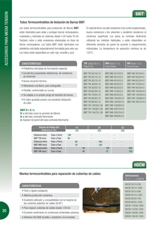 ACCESORIOS PARA MEDIA TENSION
                                                                                                                                                                 BBIT
                                 Tubos Termocontraibles de Aislación de Barras BBIT
                                 Los tubos termocontraíbles para protección de Barras BBIT              El material tiene una alta resistencia a los cortes longitudinales,
                                 están diseñados para aislar y proteger barras rectangulares,           buena resistencia a los solventes y excelente resistencia al
                                 cuadradas y redondas en sistemas desde 5 kV hasta 35 kV.               contorneo superficial. Los tubos se contraen fácilmente
                                 También cubre y aísla conexiones abulonadas en línea de                utilizando los métodos habituales, y están disponibles en
                                 barras rectangulares. Los tubos BBIT están fabricados con              diferentes tamaños de pared de acuerdo a requerimientos
                                 poliolefina reticulada especialmente formulada para este uso.          individuales. La temperatura de operación continua es de
                                 Los tubos están disponibles en color rojo, amarillo y azul.            125°C.



                                   CARACTERÍSTICAS                                                  TW (largo 25 m.)         MW (largo 1 m.)          HW (largo 1 m.)
                                                                                                    Pared Fina               Pared Media              Pared Gruesa
                                     Poliolefina reticulada de formulación especial.
                                     Excelentes propiedades dieléctricas; de resistencia            BBIT TW 20/10/1.8        BBIT MW 25/10/2.0         BBIT HW 40/16/4.5
                                     al contorneo.                                                  BBIT TW 25/13/1.8        BBIT MW 30/12/2.5         BBIT HW 50/20/4.5
                                     Buena duración térmica.                                        BBIT TW 30/15/1.8        BBIT MW 40/16/3.0         BBIT HW 65/25/4.5
                                                                                                    BBIT TW 40/20/1.8        BBIT MW 50/20/3.0         BBIT HW 75/30/4.5
                                     Retardante a la llama, auto-extinguible.
                                                                                                    BBIT TW 50/25/1.8        BBIT MW 65/25/3.0         BBIT HW 85/35/4.5
                                     Flexible, conformable en curvas.                               BBIT TW 60/30/1.8        BBIT MW 75/30/3.0         BBIT HW 100/40/4.5
                                     Se adapta a un amplio rango de tamaños de barras.              BBIT TW 70/35/1.8        BBIT MW 85/35/3.0         BBIT HW 120/50/4.5
                                                                                                    BBIT TW 80/40/1.8        BBIT MW 100/40/3.0        BBIT HW 150/60/4.5
                                     El calce ajustado provee una excelente disipación
                                     de calor.                                                      BBIT TW 90/45/1.8        BBIT MW 120/50/3.0        BBIT HW 200/75/4.5
                                                                                                    BBIT TW 100/50/1.95      BBIT MW 150/60/3.0
                                                                                                    BBIT TW 120/60/1.95      BBIT MW 200/75/3.0
                                 BBIT D / d / e
                                 D: ø del tubo como es provisto de fábrica                          BBIT TW 150/75/1.95      BBIT MW 250/75/4.2
                                 d: ø del tubo contraido libremente                                                          BBIT MW 300/95/4.2
                                 e: Espesor de pared del tubo contraido libremente

                                                     Sistema de Voltaje (kV)                 10                     24                         35
                                                        Distancia en aire                    120                    220                        320
                                                Distancia entre    Fase a Tierra       100                   -                        -
                                                BBIT TW (mm)       Fase a Fase         90                    -                        -
                                                Distancia entre    Fase a Tierra             80                      160                       -
                                                BBIT MW (mm)       Fase a Fase               70                      120                       -
                                                Distancia entre    Fase a Tierra                   50                        105                         200
                                                BBIT HW (mm)       Fase a Fase                     40                        75                          150




                                                                                                                                                               HDCW
                                 Mantas termocontraibles para reparación de cubiertas de cables
                                                                                                                                                     Dimensiones
                                                                                                                                                     (D / d - L = Longitud)

                                                                                                                                                     HDCW 35/10-250
                                   CARACTERÍSTICAS
                                                                                                                                                     HDCW 35/10-1200
                                     Fácil y rápida instalación.                                                                                     HDCW 55/15-500
                                     Máxima protección mecánica.                                                                                     HDCW 55/15-1200
                                                                                                                                                     HDCW 80/25-750
                                     Excelente adhesión y compatibilidad con la mayoría de
                                                                                                                                                     HDCW 80/25-1200
                                     las cubiertas aislantes de cables de M.T.
                                                                                                                                                     HDCW 110/30-1000
                                     Para reparar cubiertas de cables desde 1/35 kV.                                                                 HDCW 110/30-1200
20                                   Excelente rendimiento en condiciones ambientales adversas.                                                      HDCW 140/40-1000
                                     Adhesivo Hot Melt durable y resistente a la humedad.                                                            HDCW 140/40-1200
 