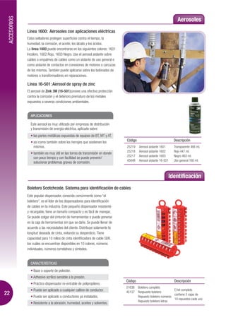 ACCESORIOS
                                                                                                                     Aerosoles
              Línea 1600: Aerosoles con aplicaciones eléctricas
              Estos selladores protegen superficies contra el tiempo, la
              humedad, la corrosión, el aceite, los álcalis y los ácidos.
              La línea 1600 puede encontrarse en los siguientes colores: 1601
              Incoloro, 1602 Rojo, 1603 Negro. Use el aerosol aislante sobre
              cables o empalmes de cables como un aislante de uso general o
              como aislante de contactos en conexiones de motores o carcazas
              de los mismos. También puede aplicarse sobre los bobinados de
              motores o transformadores en reparaciones.

              Línea 16-501: Aerosol de spray de zinc
              El aerosol de Zink 3M (16-501) provee una efectiva protección
              contra la corrosión y el deterioro prematuro de los metales
              expuestos a severas condiciones ambientales.


                APLICACIONES

                Este aerosol es muy utilizado por empresas de distribución
                y transmisión de energía eléctrica, aplicado sobre:
                  las partes metálicas expuestas de equipos de BT, MT y AT.
                  así como también sobre los herrajes que sostienen los         Código                             Descripción
                  mismos.                                                       25219    Aerosol aislante 1601     Transparente 466 ml.
                                                                                25218    Aerosol aislante 1602     Rojo 447 ml.
                  también es muy útil en las torres de transmisión en donde
                                                                                25217    Aerosol aislante 1603     Negro 463 ml.
                  con poco tiempo y con facilidad se puede prevenir/
                                                                                45848    Aerosol aislante 16-501   Uso general 160 ml.
                  solucionar problemas graves de corrosión.


                                                                                                               Identificación
              Boletero Scotchcode. Sistema para identificación de cables
              Este popular dispensador, conocido comúnmente como “el
              boletero”, es el líder de los dispensadores para identificación
              de cables en la industria. Este pequeño dispensador resistente
              y recargable, tiene un tamaño compacto y es fácil de manejar,
              Se puede colgar del cinturón de herramientas o puede ponerse
              en la caja de herramientas sin que se dañe. Se puede llenar de
              acuerdo a las necesidades del cliente. Distribuye solamente la
              longitud deseada de cinta, evitando su desperdicio. Tiene
              capacidad para 10 rollos de cinta identificadora de cable SDR,
              los cuáles se encuentran disponibles en 10 colores, números
              individuales, números correlativos y símbolos.


                CARACTERÍSTICAS
                  Base o soporte de poliester.
                  Adhesivo acrílico sensible a la presión.
                                                                                Código                             Descripción
                  Práctico dispensador re-entrable de polipropileno.
                                                                                21638    Boletero completo
                  Puede ser aplicado a cualquier calibre de conductor.          45137    Respuesto boletero
                                                                                                                   El kit completo
22                Puede ser aplicado a conductores ya instalados.                        Repuesto boletero números
                                                                                                                   contiene 5 cajas de
                                                                                                                   10 repuestos cada uno
                                                                                         Repuesto boletero letras
                  Resistente a la abrasión, humedad, aceites y solventes.
 