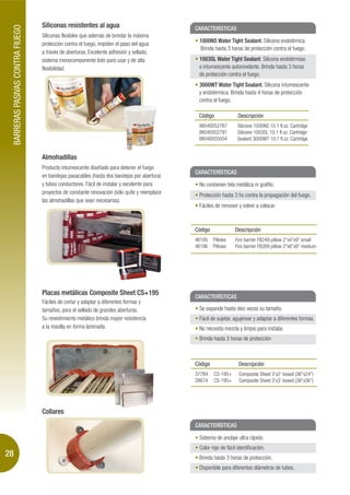 Siliconas resistentes al agua
     BARRERAS PASIVAS CONTRA FIUEGO
                                                                                                  CARACTERÍSTICAS
                                      Siliconas flexibles que además de brindar la máxima
                                                                                                   1000NS Water Tight Sealant. Silicona endotémica.
                                      protección contra el fuego, impiden el paso del agua
                                                                                                   Brinda hasta 3 horas de protección contra el fuego.
                                      a través de aberturas. Excelente adhesión y sellado,
                                      sistema monocomponente listo para usar y de alta             1003SL Water Tight Sealant. Silicona endotérmias
                                      flexibilidad.                                                e intumescente autonivelante. Brinda hasta 3 horas
                                                                                                   de protección contra el fuego.
                                                                                                   3000WT Water Tight Sealant. Silicona intumescente
                                                                                                   y endotérmica. Brinda hasta 4 horas de protección
                                                                                                   contra el fuego.

                                                                                                   Código              Descripción
                                                                                                   98040052767         Silicone 1000NS 10.1 fl.oz. Cartridge
                                                                                                   98040052791         Silicone 1003SL 10.1 fl.oz. Cartridge
                                                                                                   98040055034         Sealant 3000WT 10,1 fl.oz. Cartridge


                                      Almohadillas
                                      Producto intumescente diseñado para detener el fuego
                                                                                                  CARACTERÍSTICAS
                                      en bandejas pasacables (hasta dos bandejas por abertura)
                                      y tubos conductores. Fácil de instalar y excelente para      No contienen tela metálica ni grafito.
                                      proyectos de constante renovación (sólo quite y reemplace    Protección hasta 3 hs contra la propagación del fuego.
                                      las almohadillas que sean necesarias).
                                                                                                   Fáciles de remover y volver a colocar.



                                                                                                  Código              Descripción
                                                                                                  46195    Pillows    Fire barrier FB249 pillow 2”x4”x9” small
                                                                                                  46196    Pillows    Fire barrier FB269 pillow 2”x6”x9” medium




                                      Placas metálicas Composite Sheet CS+195
                                                                                                  CARACTERÍSTICAS
                                      Fáciles de cortar y adaptar a diferentes formas y
                                      tamaños, para el sellado de grandes aberturas.               Se expande hasta diez veces su tamaño.
                                      Su revestimiento metálico brinda mayor resistencia           Fácil de sujetar, agujerear y adaptar a diferentes formas.
                                      a la masilla en forma laminada.                              No necesita mezcla y limpio para instalar.
                                                                                                   Brinda hasta 3 horas de protección



                                                                                                  Código                Descripción
                                                                                                  37784    CS-195+      Composite Sheet 3’x2’ boxed (36”x24”)
                                                                                                  28674    CS-195+      Composite Sheet 3’x3’ boxed (36”x36”)




                                      Collares
                                                                                                  CARACTERÍSTICAS

                                                                                                   Sistema de anclaje ultra rápido.
                                                                                                   Color rojo de fácil identificación.
28                                                                                                 Brinda hasta 3 horas de protección.
                                                                                                   Disponible para diferentes diámetros de tubos.
 