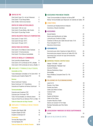 CINTAS DE PVC                                          ACCESORIOS PARA MEDIA TENSIÓN
Cinta Scotch Super 33+ de Uso Profesional         4    Tubos Termocontraibles de Aislación de Barras BBIT             20
Cinta Scotch 770 de Rango Medio                   5    Mantas Termocontraibles para Reparación de Cubiertas de Cables 20
Cinta Temflex 1550 de Uso General                 5
                                                       CONECTORES
CINTAS DE GOMA AUTOSOLDABLES                           Conectores por Desplazamiento de Aislación                    21
Cinta Scotch 130C sin Liner                       6    Conectores a Resorte Scotchlock                               21
Cinta Scotch 23 para Media y Alta Tensión         6
                                                       ACCESORIOS
Cinta Scotch 43 para Baja Tensión                 6
                                                       Aerosol Aislante                                              22
CINTAS AISLANTES PARA ALTA TEMPERATURA                 Sistema para Identificación de Cables                         22
Cinta Scotch 27 hasta 130°C                       7    Lubricante para Tendido de Cables                             23
Cinta Scotch 69 hasta 180°C                       7    Cubiertas de Silicona para Cable Desnudo hasta 15 kV          23
Cinta Scotch 79 hasta 150°C                       7    Pinza Cortacable HT-535                                       24
                                                       Soluciones Anticorrosivas                                     24
CINTAS PARA USO ESPECIAL
                                                       HERRAMIENTAS
Cinta Scotch 24 de Malla de Cobre Estañado        8
                                                       Herramienta para retirar Cubiertas de Cables WS 64-U          25
Cinta Scotch 13 Semiconductora                    8
                                                       Herramienta para preparar Extremos de Cables WS 5/5A          25
Cinta Scotch 70 de Silicona Autosoldable          8
                                                       Herramienta para remoción de Capa Semiconductora              26
CINTAS DE MASILLA Y COMBINADAS                         “Banana Peeler”
Cinta Scotchfil de Masilla Aislante           9        BARRERAS PASIVAS CONTRA FUEGO
Cinta Scotch 2210 combinada de PVC y Masilla 9
                                                       Sellador “CP25WB + Caulk”                                     27
Cinta Scotch 2228 combinada de Goma y Masilla 9
                                                       Masilla Moldeable “Moldable Putty”                            27
EMPALMES Y TERMINALES BAJA TENSION                     Cemento FB Mortar                                             27
                                                       Siliconas Resistentes al Agua                                 28
Contraible en Frio
                                                       Almohadillas                                                  28
Tubos Individuales Contraibles en Frio Serie 8420 10
                                                       Placas Metálicas Composite Sheet CS+195                       28
Conjuntos para Empalme Rápido PST                 10
                                                       Collares                                                      28
Resinas
                                                       SOLUCIONES EN TELECOMUNICACIONES
Resina Scotchcast 4 Epóxica                       11
                                                       Jacks RJ 45                                                   29
Resina Scotchcast 1471 Poliuretánica              11
                                                       Rosetas y Face Plates                                         29
Conjuntos de Empalmes de Resinas Scotchcast       11
                                                       Paneles para Racks                                            30
Termocontraibles                                       Cables para Redes de Datos                                    30
Conjuntos para Empalmes ETBT                      12   Cordones RJ45                                                 30
Conjuntos para Terminales TTBT                    12   Telefonía                                                     31
Tubos Termocontraibles con Adhesivo Interior      13   Equipos de Monitoreo                                          31
Tubos de Pared Fina sin Adhesivo FP221 en Rollo   13   Cable de Fibra Óptica                                         31
                                                       Empalme Mecánico Fibrlok                                      32
Tabla de Selección de Baja Tensión                14
                                                       Sistema de Conexión FO Pre-Pulido                             32
EMPALMES Y TERMINALES MEDIA TENSION                    Bandejas Rackeables para Fibra Óptica                         32
Empalmes                                               Pigtails                                                      32

Empalme Ultra Rápido QSIII                        15   LOCALIZACION Y MARCADO DE REDES SUBTERRANEAS
Empalme Rápido QS1000                             15   Dynatel                                                       33
Empalme Combinado ECF                             15
Terminales                                             GUIA DE SELECCION DE CINTAS                                34/35
Terminal Ultra Rápido QTIII                       16
Terminal Rápido QTII                              17                                                                       3
Tabla de Selección de Media Tensión           18/19
 