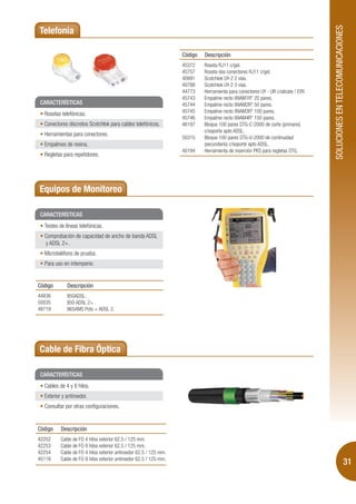 SOLUCIONES EN TELECOMUNICACIONES
Telefonía

                                                                   Código   Descripción
                                                                   45372    Roseta RJ11 c/gel.
                                                                   45757    Roseta dos conectores RJ11 c/gel.
                                                                   40891    Scotchlok UY-2 2 vías.
                                                                   40788    Scotchlok UY-2 3 vías.
                                                                   44773    Herramienta para conectores UY - UR c/alicate / E9Y.
                                                                   45743    Empalme recto 99AM1R* 20 pares.
CARACTERÍSTICAS                                                    45744    Empalme recto 99AM2R* 50 pares.
                                                                   45745    Empalme recto 99AM3R* 100 pares.
  Rosetas telefónicas.
                                                                   45746    Empalme recto 99AM4R* 150 pares.
  Conectores discretos Scotchlok para cables telefónicos.          46197    Bloque 100 pares STG-C-2000 de corte (primario)
                                                                            c/soporte apto ADSL.
  Herramientas para conectores.
                                                                   50315    Bloque 100 pares STG-U-2000 de continuidad
  Empalmes de resina.                                                       (secundario) c/soporte apto ADSL.
                                                                   40194    Herramienta de inserción PKS para regletas STG.
  Regletas para repetidores.




Equipos de Monitoreo

CARACTERÍSTICAS
  Testeo de líneas telefónicas.
  Comprobación de capacidad de ancho de banda ADSL
  y ADSL 2+.
  Microteléfono de prueba.
  Para uso en intemperie.


Código       Descripción
44836        950ADSL.
50035        950 ADSL 2+.
48719        965AMS Pots + ADSL 2.




Cable de Fibra Óptica

CARACTERÍSTICAS
  Cables de 4 y 8 hilos.
  Exterior y antiroedor.
  Consultar por otras configuraciones.


Código    Descripción
42252     Cable de FO 4 hilos exterior 62.5 / 125 mm.
42253     Cable de FO 8 hilos exterior 62.5 / 125 mm.
42254     Cable de FO 4 hilos exterior antiroedor 62.5 / 125 mm.
45118     Cable de FO 8 hilos exterior antiroedor 62.5 / 125 mm.
                                                                                                                                                               31
 
