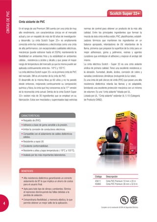 CINTAS DE PVC
                                                                                                                      Scotch Super 33+
                    Cinta aislante de PVC

                    En el rango de uso Premium 3M cuenta con una cinta de muy        normas de control para obtener un producto de la más alta
                    alto rendimiento, con características únicas en el mercado       calidad. Entre los principales ingredientes que forman la
                    actual y con un respaldo de más de 60 años de investigación      mezcla de ésta cinta vinílica están, PVC, plastificantes, estabili-
                    y desarrollo. La cinta Scotch Super 33+ es ampliamente           zadores térmicos que mantienen los ingredientes en un
                    conocida entre los instaladores y electricistas como una cinta   balance apropiado, retardadores de UV, retardantes de la
                    de alta performance, con excepcionales cualidades eléctricas,    llama, primeros que preparan la superficie de la cinta para un
                    mecánicas (puede estirarse hasta el 250%) manteniendo la         mejor adhesivazo, goma y polímeros, resinas y agentes
                    flexibilidad en ambientes fríos y la estabilidad en ambientes    curadores que entrelazan el adhesivo y mejoran el anclaje del
                    cálidos , resistencia a ácidos y álcalis y que posee el mayor    mismo.
                    rango de temperatura del mercado ya que la misma puede ser       La cinta eléctrica Scotch - Super 33 es una cinta aislante
                    aplicada contínuamente entre los -18°C y 105°C.                  vinílica de primera calidad. Tiene una excelente resistencia a:
                    La cinta eléctrica Scotch super 33+ es la primera cinta de PVC   la abrasión, humedad, álcalis, ácidos, corrosión de cobre y
                    del mercado. 3M es el inventor de la cinta de PVC.               variadas condiciones climáticas (incluyendo la luz solar).
                    El desarrollo de la misma lleva ya 60 años y no ha parado        Es una cinta de poli-cloruro de vinilo (PVC) que posee una alta
                    desde entonces, mejorando continuamente su composición           resistencia dieléctrica retarda las llamas y es adaptable,
                    química y física, la cinta que hoy conocemos es la 17° versión   brindando una excelente protección mecánica con un mínimo
                    de la reconocida cinta actual. Detrás de la cinta Scotch Super   de volumen. Es una “cinta aislante” listada por UL.
                    33+ existen más de 30 ingredientes que se emplean en su          Listada por UL; “Cinta aislante” estándar UL 5 10 (Categoría
                    fabricación. Estos son mezclados y supervisados bajo estrictas   de Producto OANZ).




                      CARACTERÍSTICAS
                        Respaldo de (PVC).
                        Adhesivo a base de goma sensible a la presión.
                        Inhibe la corrosión de conductores eléctricos.
                        Compatible con el aislamiento de cables dieléctricos
                        sólidos.
                        Resistente a rayos UV.
                        Excelente conformabilidad.
                        Resistente a altas y bajas temperaturas (-18°C a 105°C).
                        Avalada por los más importantes laboratorios.




                      BENEFICIOS

                                                                                                 Código         Descripción
                         Alta resistencia dieléctrica garantizando un correcto
                         aislamiento de BT lo que implica un ahorro de costos                    45611          Cinta PVC Premium 19 mm x 20 m
                         para el usuario final.                                                  45860          Cinta PVC Premium 38 mm x 32.9 m

                         Apta para todo tipo de climas y ambientes. Elimina
                         el reproceso disminuyendo las fallas debidas a la
                         perdida de aislación.
                         Extraordinaria flexibilidad, y memoria elástica, lo que
4                        permite obtener un mejor sello de la aplicación.
                                                                                                         Cumplen con la resolución 92/98 de Seguridad Eléctrica
 