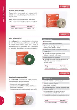 CINTAS USO ESPECIAL
                                                                                                                                 Scotch 24
                          Malla de cobre estañado
                          Malla conductora de entramado de cobre estañado y flexible.
                          Utilizada como continuidad a la pantalla electroestática a lo
                          largo de uniones.

                            Para reconstruir la pantalla de cobre en cables de MT.
                            Para reconstruir la puesta a tierra en terminaciones de MT.


                              Código                            Descripción
                              45616 Malla de Cobre # 24         25,4 mm x 4,5 m




                                                                                                                                Scotch 13
                          Cinta semiconductora
                                                                                           CARACTERÍSTICAS
                          La cinta Scotch 13 es una cinta autosoldable, semiconductora      Baja resistividad.
                          de goma (Etileno Propileno) de textura suave. Su diseño libre
                                                                                            Mantiene conductividad aún al estirarla.
                          de azufre la hace no corrosiva para el cobre y estable en
                          almacenamiento. Por sus propiedades no afecta la conductividad     Alta elongación que le permite conformarse
                                                                                            en superficies de geometría irregular.
                          de las pantallas semiconductoras en cables de media tensión.
                                                                                            Comportamiento estable en temperaturas elevadas
                                                                                            (hasta 130°C).
                                                                                            Compatible con todos los aislamientos sólidos
                                                                                            utilizados en cables de media tensión.
                                                                                            Resistente a solventes y humedad.
                                                                                            Compatible con todos los materiales utilizados en la
                                                                                            elaboración de uniones y terminaciones
                                                                                            de media tensión.

                                                                                               Código                           Descripción
                                                                                               45615 Semiconductora # 13        19 mm x 4,57 m



                                                                                                                                Scotch 70
                          Caucho silicona auto-soldable
                                                                                           CARACTERÍSTICAS
                          La cinta Scotch 70 es un material auto-soldable, altamente
                                                                                            Excelente resistencia a corrientes de fuga.
                          conformable a base de silicona inorgánica.
                                                                                            Excelente resistencia al ozono.
                            Reconstrucción de terminaciones de MT.
                            Aislar terminaciones de MT contra la humedad, factores          Material clase “H” (180oC).
                            climáticos y contaminación                                      Compatible con todos los materiales aislantes de cable
                            Mejorar el comportamiento anti-tracking en barras de MT.        de dieléctrico sólido.
                                                                                            Compatible con los materiales para empalmes
                                                                                            y terminaciones de cables de media tensión.
                                                                                            Provee excelente protección contra el medio ambiente.



                                                                                              Código                           Descripción
8
                                                                                              45617 Caucho silicona # 70        25 mm x 9,14 m
 