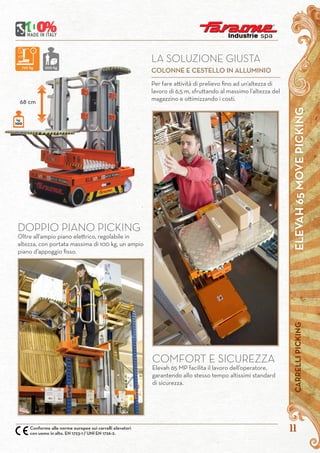 ELEVAH65MOVEPICKINGCARRELLIPICKING
11
Per fare attività di prelievo fino ad un’altezza di
lavoro di 6,5 m, sfruttando al massimo l’altezza del
magazzino e ottimizzando i costi.
LA SOLUZIONE GIUSTA
COLONNE E CESTELLO IN ALLUMINIO
Conforme alle norme europee sui carrelli elevatori
con uomo in alto. EN 1723-1 / UNI EN 1726-2.
kg.
100
DOPPIO PIANO PICKING
Oltre all’ampio piano elettrico, regolabile in
altezza, con portata massima di 100 kg, un ampio
piano d’appoggio fisso.
COMFORT E SICUREZZA
Elevah 65 MP facilita il lavoro dell’operatore,
garantendo allo stesso tempo altissimi standard
di sicurezza.
68 cm
720 kg 200 kg
 