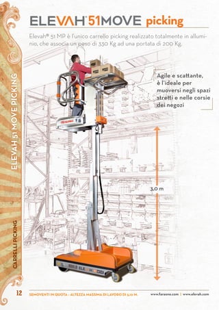 12
ELEVAH51MOVEPICKINGCARRELLIPICKING
www.faraone.com | www.elevah.comSEMOVENTI IN QUOTA - ALTEZZA MASSIMA DI LAVORO DI 5,10 M.
Elevah® 51 MP è l’unico carrello picking realizzato totalmente in allumi-
nio, che associa un peso di 330 Kg ad una portata di 200 Kg.
picking
3,0 m
Agile e scattante,
è l’ideale per
muoversi negli spazi
stretti e nelle corsie
dei negozi
 