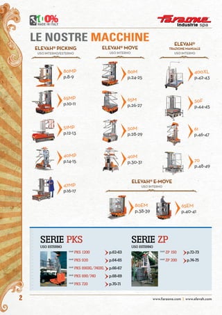www.faraone.com | www.elevah.com2
LE NOSTRE MACCHINE
ELEVAH® PICKING
USO INTERNO/ESTERNO
ELEVAH® MOVE
USO INTERNO
ELEVAH® E-MOVE
USO INTERNO
ELEVAH®
TRAZIONE MANUALE
USO INTERNO
80MP
p.8-9
80M
p.24-25
80EM
p.38-39
400XL
p.42-43
65MP
p.10-11
65EM
p.40-41
51MP
p.12-13
50M
p.28-29
40MP
p.14-15
47MP
p.16-17
65M
p.26-27
70
p.48-49
61
p.46-47
50F
p.44-45
40M
p.30-31
SERIE PKS
USO ESTERNO
SERIE ZP
USO ESTERNO
mod.
PKS 1200		 p.62-63
mod.
PKS 920		 p.64-65
mod.
PKS 890XL/740XL	 p.66-67
mod.
PKS 890/740		 p.68-69
mod.
PKS 720		 p.70-71
mod.
ZP 150	 p.72-73
mod.
ZP 200	 p.74-75
 