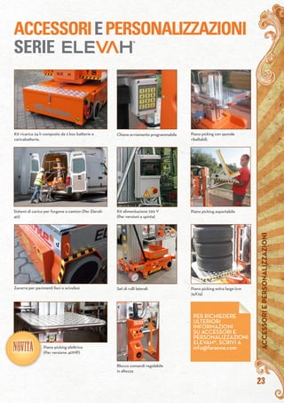 23
Kit ricarica 24 h composto da 2 box batterie e
caricabatterie.
Chiave avviamento programmabile
Blocco comandi regolabile
in altezza
Piano picking con sponde
ribaltabili.
Set di rulli laterali
Piano picking asportabileKit alimentazione 220 V
(Per versioni a spinta)
Piano picking extra large (cm
74X74)
Sistemi di carico per furgone o camion (Per Elevah
40)
Piano picking elettrico
(Per versione 40MP)
Zavorra per pavimenti lisci o scivolosi
ACCESSORIEPERSONALIZZAZIONI
SERIE
PER RICHIEDERE
ULTERIORI
INFORMAZIONI
SU ACCESSORI E
PERSONALIZZAZIONI
ELEVAH®, SCRIVI A
info@faraone.com
23
ACCESSORIEPERSONALIZZAZIONI
NOVITà
 