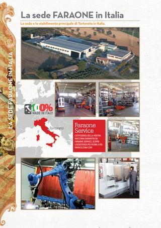 80
LASEDEFARAONEINITALIA
La sede e lo stabilimento principale di Tortoreto in Italia.
La sede FARAONE in Italia
Tortoreto
Faraone
Service
L’EFFICIENZA DELLA VOSTRA
MACCHINA GARANTITA DA
FARAONE SERVICE, SCOPRI
L’ASSISTENZA PIÙ VICINA A VOI:
WWW.ELEVAH.COM
 
