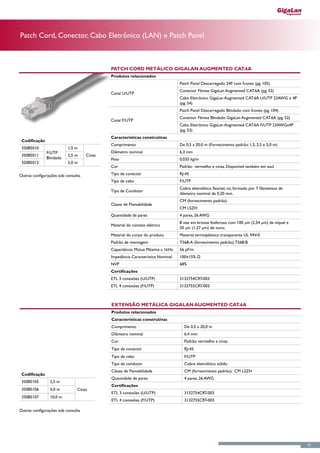 Patch Cord, Conector, Cabo Eletrônico (LAN) e Patch Panel



                                             Patch Cord Metálico GigaLan Augmented CAT.6A
                                             Produtos relacionados
                                                                                 Patch Panel Descarregado 24P com Ícones (pg. 105)
                                                                                 Conector Fêmea GigaLan Augmented CAT.6A (pg. 52)
                                             Canal U/UTP
                                                                                 Cabo Eletrônico GigaLan Augmented CAT.6A U/UTP 23AWG x 4P
                                                                                 (pg. 54)
                                                                                 Patch Panel Descarregado Blindado com Ícones (pg. 104)
                                                                                 Conector Fêmea Blindado GigaLan Augmented CAT.6A (pg. 52)
                                             Canal F/UTP
                                                                                 Cabo Eletrônico GigaLan Augmented CAT.6A F/UTP 23AWGx4P
                                                                                 (pg. 53)
                                             Características construtivas
 Codificação
                                             Comprimento                         De 0,5 a 20,0 m (Fornecimento padrão: 1,5, 2,5 e 5,0 m)
 35085010                 1,5 m
               F/UTP                         Diâmetro nominal                    6,3 mm
 35085011                 2,5 m      Cinza
               Blindado                      Peso                                0,035 kg/m
 35085012                 5,0 m
                                             Cor                                 Padrão: vermelho e cinza. Disponível também em azul

Outras configurações sob consulta.           Tipo de conector                    RJ-45
                                             Tipo de cabo                        F/UTP
                                                                                 Cobre eletrolítico, flexível, nú, formado por 7 filamentos de
                                             Tipo de Condutor
                                                                                 diâmetro nominal de 0,20 mm.
                                                                                 CM (fornecimento padrão)
                                             Classe de Flamabilidade
                                                                                 CM LSZH
                                             Quantidade de pares                 4 pares, 26 AWG
                                                                                 8 vias em bronze fosforoso com 100 μin (2,54 μm) de níquel e
                                             Material do contato elétrico
                                                                                 50 μin (1,27 μm) de ouro;
                                             Material do corpo do produto        Material termoplástico transparente UL 94V-0
                                             Padrão de montagem                  T568-A (fornecimento padrão), T568-B
                                             Capacitância Mútua Máxima a 1kHz    56 pF/m
                                             Impedância Característica Nominal   100±15% Ω
                                             NVP                                 68%
                                             Certificações
                                             ETL 3 conexões (U/UTP)              3132754CRT-003
                                             ETL 4 conexões (F/UTP)              3132755CRT-003



                                             Extensão Metálica GigaLan Augmented CAT.6A
                                             Produtos relacionados
                                             Características construtivas
                                             Comprimento                           De 0,5 a 20,0 m
                                             Diâmetro nominal                      6,4 mm
                                             Cor                                   Padrão: vermelho e cinza
                                             Tipo de conector                      RJ-45
                                             Tipo de cabo                          F/UTP
                                             Tipo de condutor                      Cobre eletrolítico sólido
                                             Classe de Flamabilidade               CM (fornecimento padrão); CM LSZH
 Codificação
                                             Quantidade de pares                   4 pares, 26 AWG
 35085105       2,5 m
                                             Certificações
 35085106       5,0 m          Cinza
                                             ETL 3 conexões (U/UTP)                3132754CRT-003
 35085107       10,0 m
                                             ETL 4 conexões (F/UTP)                3132755CRT-003

Outras configurações sob consulta




                                                                                                                                                 51
 