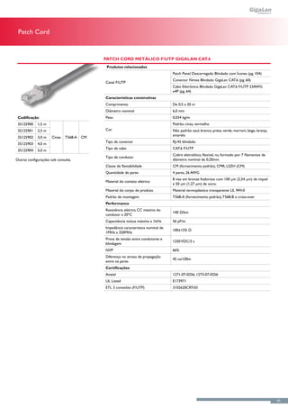 Patch Cord


                                            Patch Cord Metálico F/UTP GigaLan CAT.6
                                             Produtos relacionados
                                                                                   Patch Panel Descarregado Blindado com Ícones (pg. 104)
                                                                                   Conector Fêmea Blindado GigaLan CAT.6 (pg. 60)
                                            Canal F/UTP
                                                                                   Cabo Eletrônico Blindado GigaLan CAT.6 F/UTP 23AWG
                                                                                   x4P (pg. 64)
                                            Características construtivas
                                            Comprimento                            De 0,5 a 20 m
                                            Diâmetro nominal                       6,0 mm
 Codificação                                Peso                                   0,034 kg/m
 35125900    1,5 m                                                                 Padrão: cinza, vermelho
 35125901    2,5 m                          Cor                                    Não padrão: azul, branco, preto, verde, marrom, bege, laranja,
                                                                                   amarelo
 35125902    3,0 m    Cinza   T568-A   CM
                                            Tipo de conector                       RJ-45 blindado
 35125903    4,0 m
                                            Tipo de cabo                           CAT.6 F/UTP
 35125904    5,0 m
                                                                                   Cobre eletrolítico, flexível, nu, formado por 7 filamentos de
                                            Tipo de condutor
Outras configurações sob consulta.                                                 diâmetro nominal de 0,20mm.
                                            Classe de flamabilidade                CM (fornecimento padrão), CMR, LSZH (CM)
                                            Quantidade de pares                    4 pares, 26 AWG
                                                                                   8 vias em bronze fosforoso com 100 µin (2,54 µm) de níquel
                                            Material do contato elétrico
                                                                                   e 50 µin (1,27 µm) de ouro;
                                            Material do corpo do produto           Material termoplástico transparente UL 94V-0
                                            Padrão de montagem                     T568-A (fornecimento padrão), T568-B e cross-over
                                            Performance
                                            Resistência elétrica CC máxima do
                                                                                   140 Ω/km
                                            condutor a 20ºC
                                            Capacitância mútua máxima a 1kHz       56 pF/m
                                            Impedância característica nominal de
                                                                                   100±15% Ω
                                            1MHz a 250MHz
                                            Prova de tensão entre condutores e
                                                                                   1250 VDC/3 s
                                            blindagem
                                            NVP                                    66%
                                            Diferença no atraso de propagação
                                                                                   45 ns/100m
                                            entre os pares
                                            Certificações
                                            Anatel                                 1271-07-0256, 1273-07-0256
                                            UL Listed                              E173971
                                            ETL 3 conexões (F/UTP)                 3102620CRT-03




                                                                                                                                                    55
 