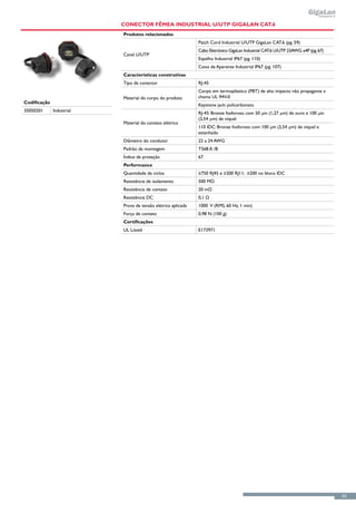 Conector Fêmea Industrial U/UTP GigaLan CAT.6
                           Produtos relacionados
                                                               Patch Cord Industrial U/UTP GigaLan CAT.6 (pg. 59)
                                                               Cabo Eletrônico GigaLan Industrial CAT.6 U/UTP 23AWG x4P (pg. 67)
                           Canal U/UTP
                                                               Espelho Industrial IP67 (pg. 110)
                                                               Caixa de Aparente Industrial IP67 (pg. 107)
                           Características construtivas
                           Tipo de conector                    RJ-45
                                                               Corpo em termoplástico (PBT) de alto impacto não propagante a
                           Material do corpo do produto        chama UL 94V-0
Codificação
                                                               Keystone jack: policarbonato
35050201      Industrial
                                                               RJ-45: Bronze fosforoso com 50 μin (1,27 μm) de ouro e 100 μin
                                                               (2,54 μm) de níquel
                           Material do contato elétrico
                                                               110 IDC: Bronze fosforoso com 100 μin (2,54 μm) de níquel e
                                                               estanhado
                           Diâmetro do condutor                22 a 24 AWG
                           Padrão de montagem                  T568 A /B
                           Índice de proteção                  67
                           Performance
                           Quantidade de ciclos                ≥750 RJ45 e ≥200 RJ11; ≥200 no bloco IDC
                           Resistência de isolamento           500 MΩ
                           Resistência de contato              20 mΩ
                           Resistência DC                      0,1 Ω
                           Prova de tensão elétrica aplicada   1000 V (RMS, 60 Hz, 1 min)
                           Força de contato                    0,98 N (100 g)
                           Certificações
                           UL Listed                           E173971




                                                                                                                                   63
 